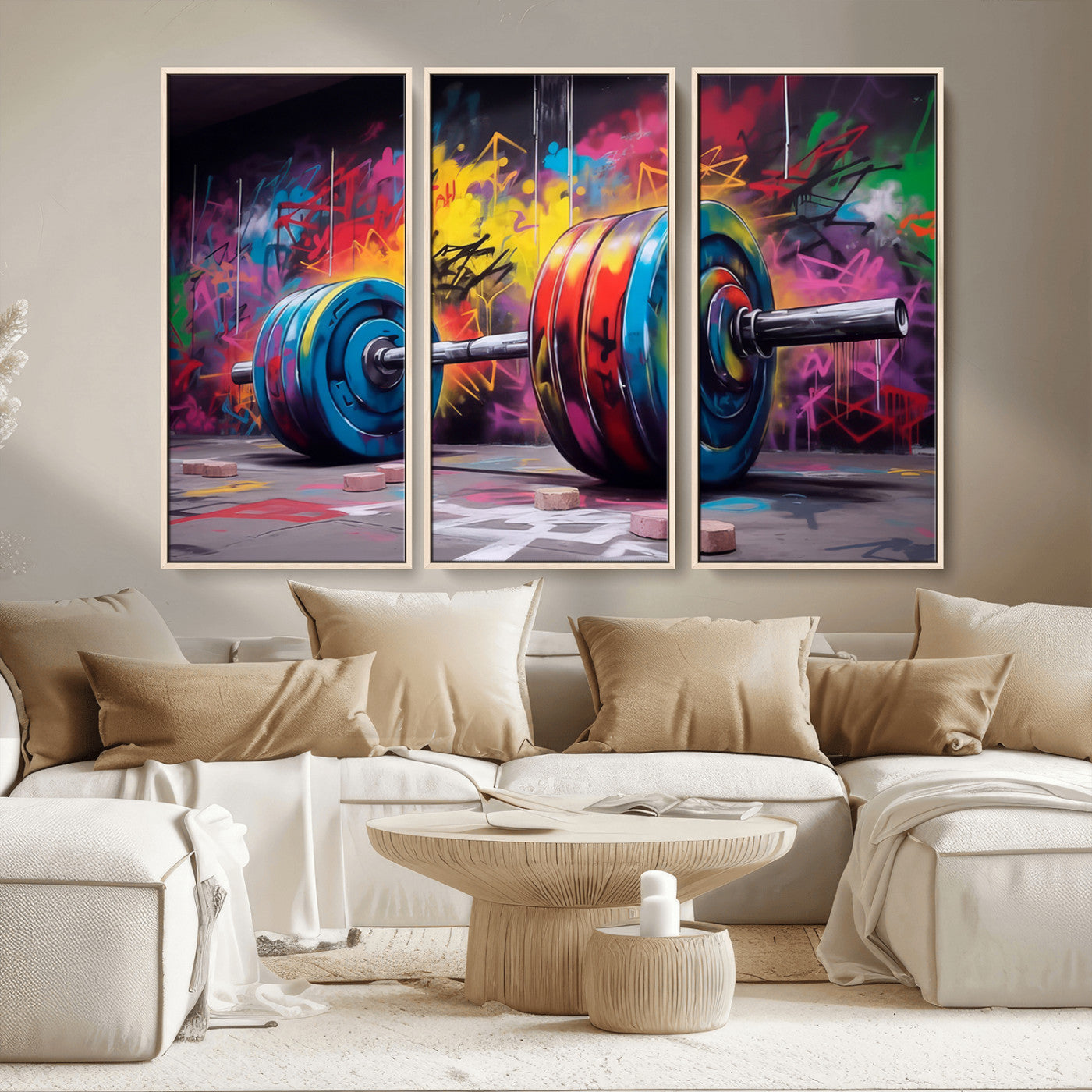 MGV-FC-48X32-3P - Abstract Graffiti Barbell Canvas Wall Art – Urban Fitness Meets Bold Street Art Print - Gym Wall Art Print