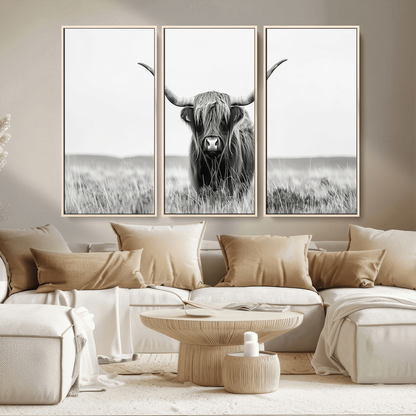 MGV-FC-48X32-3P - Highland Cow Canvas Wall Art – Majestic Beauty in Black and White