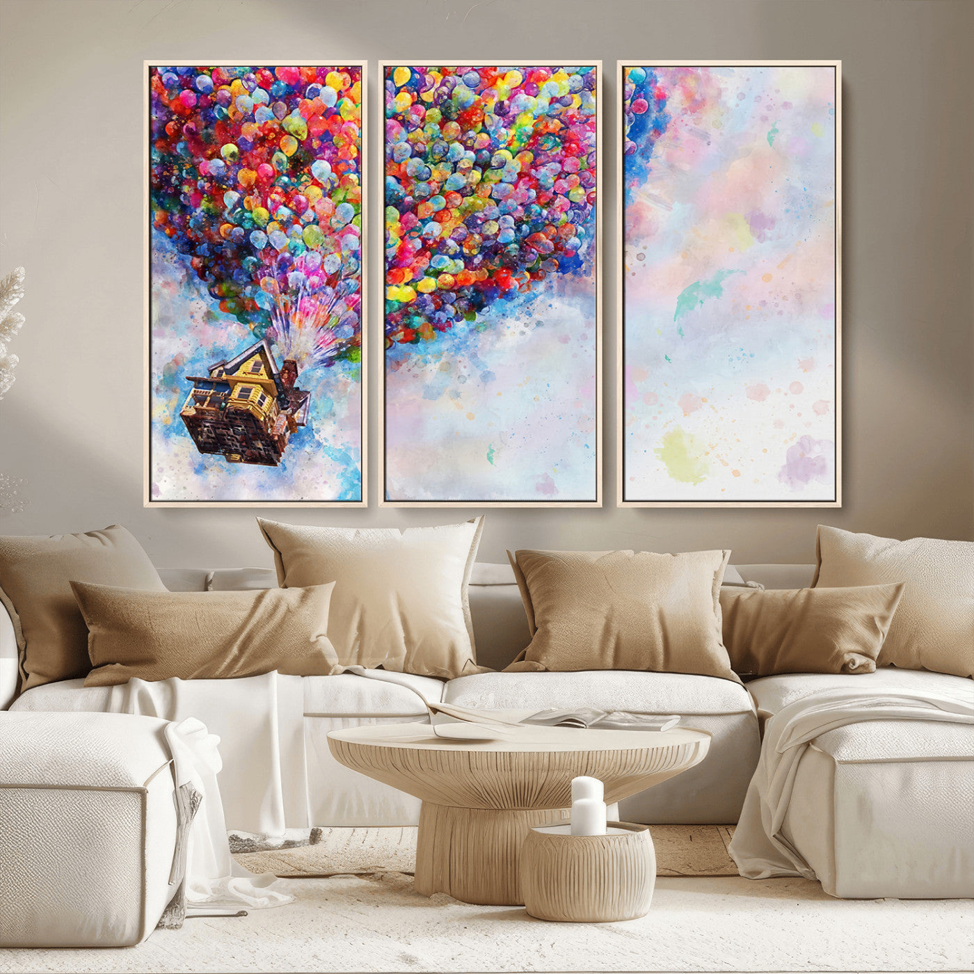 MGV-FC-48X32-3P - Don't Look Up Movie Canvas Wall Art - Vibrant Floating House and Balloons Scene, Tribute to Iconic
