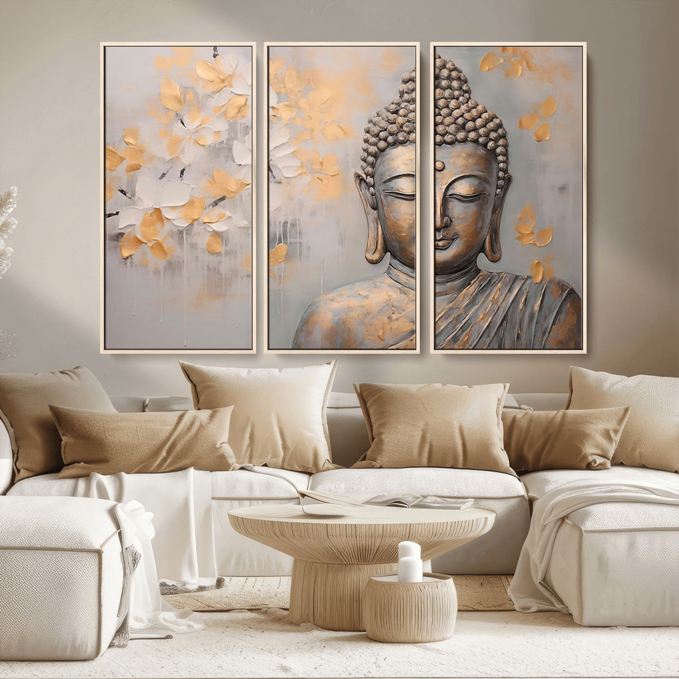 MGV-FC-48X32-3P - Abstract Buddha Statue Wall Art Canvas Print - Modern Meditation Decor for Living Room, Office, Yoga Studio Decor