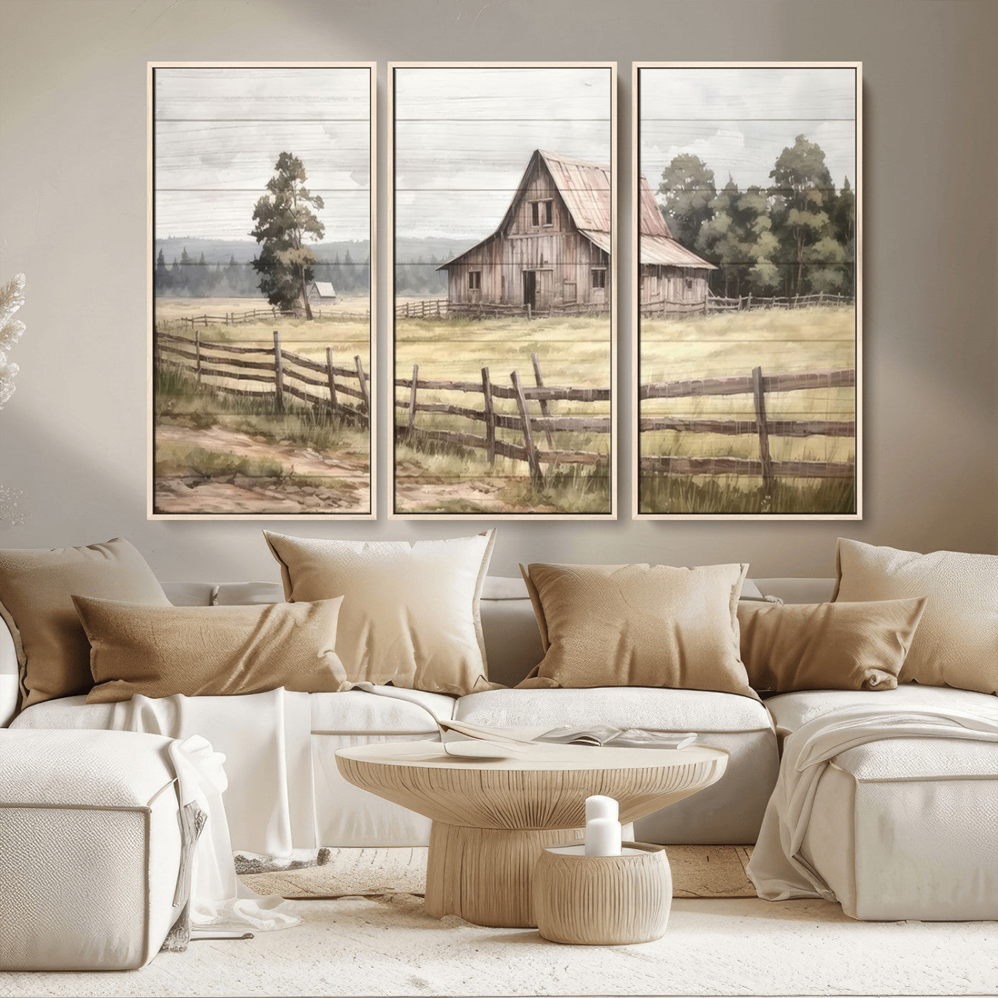 MGV-FC-48X32-3P - Rustic Farmhouse Barn Wall Art | 3-Panel Framed Gallery Wrap Giclee Canvas Print for Living Room, Farmhouse, or Office | Country Landscape Wall Art