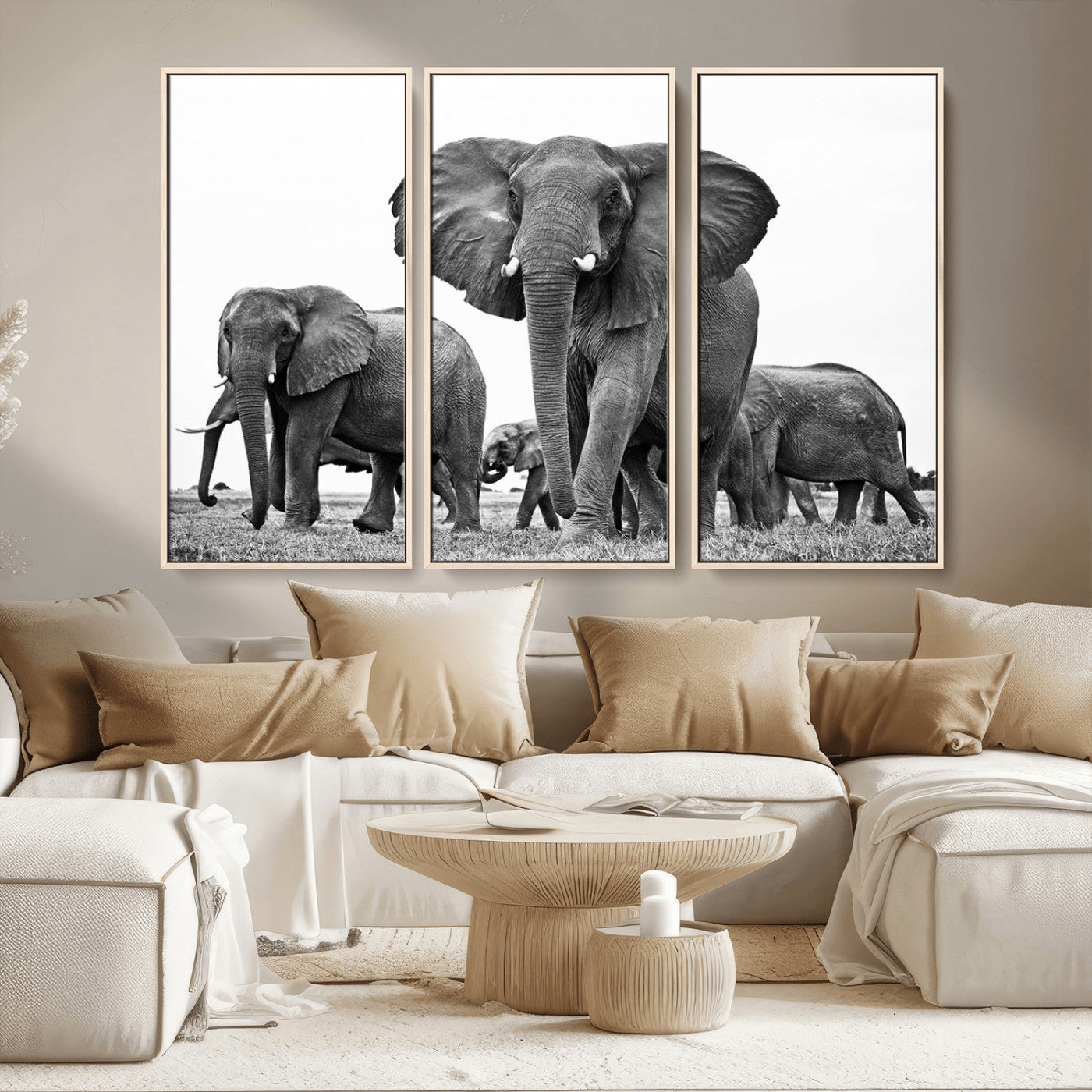 MGV-FC-48X32-3P - Black White Elephant Family Wall Art Canvas Print