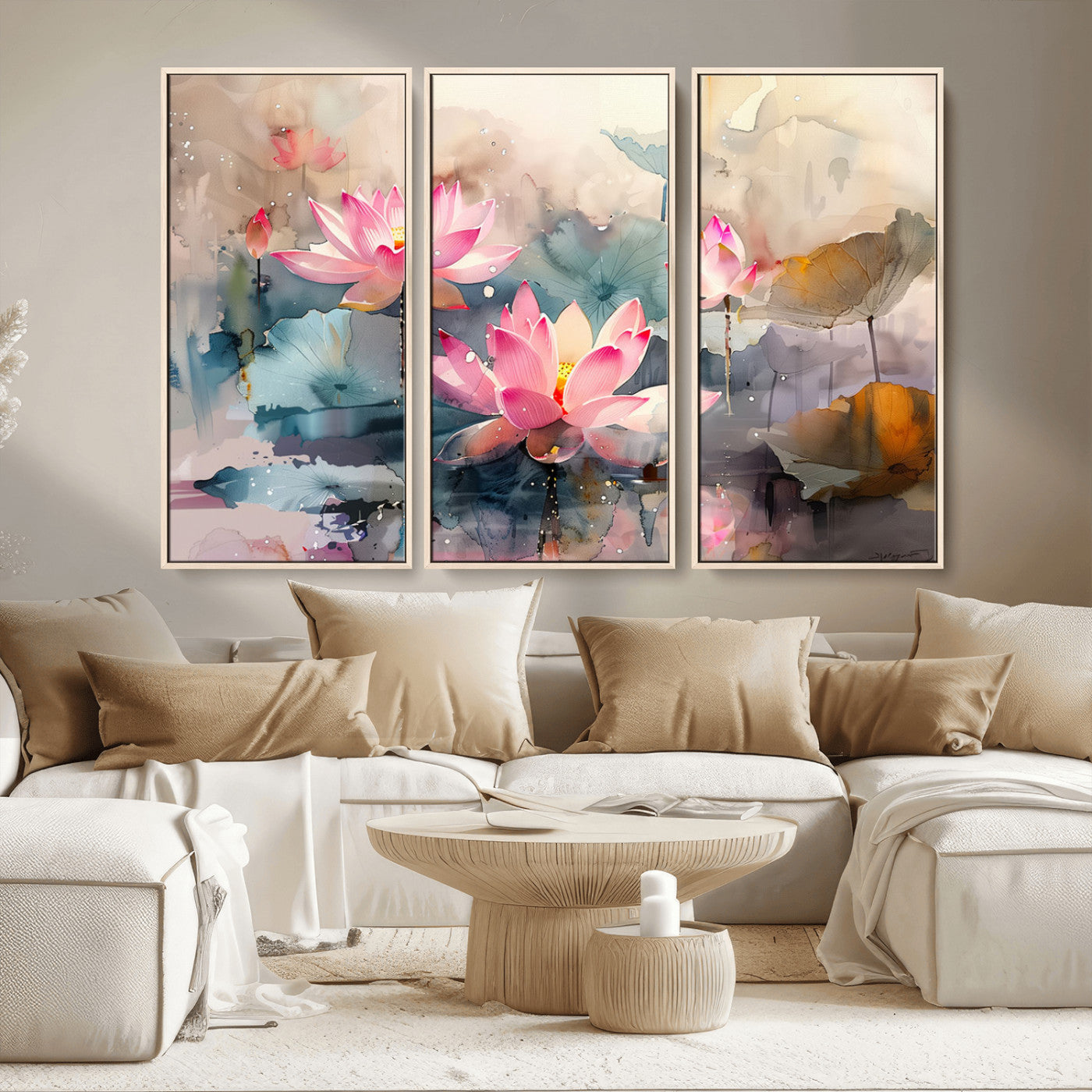 MGV-FC-48X32-3P - Lotus Flower Wall Art | 3-Panel Giclee Canvas Print of Pink Lotus Blossoms for Living Room, Bedroom, Office | Framed Lotus Floral Wall Art Decor Print