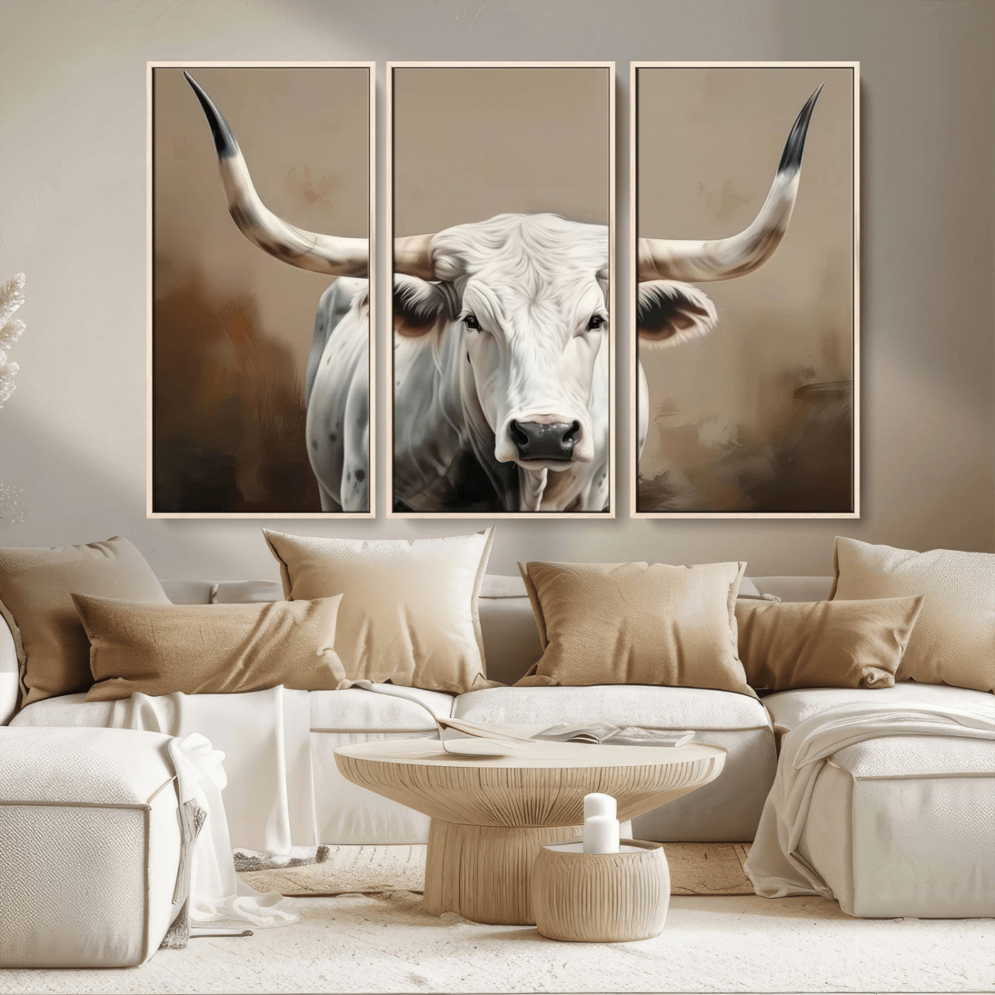 -White Longhorn Bull Wall Art Canvas Print – Framed and Ready to Hang – Perfect for Farmhouse and