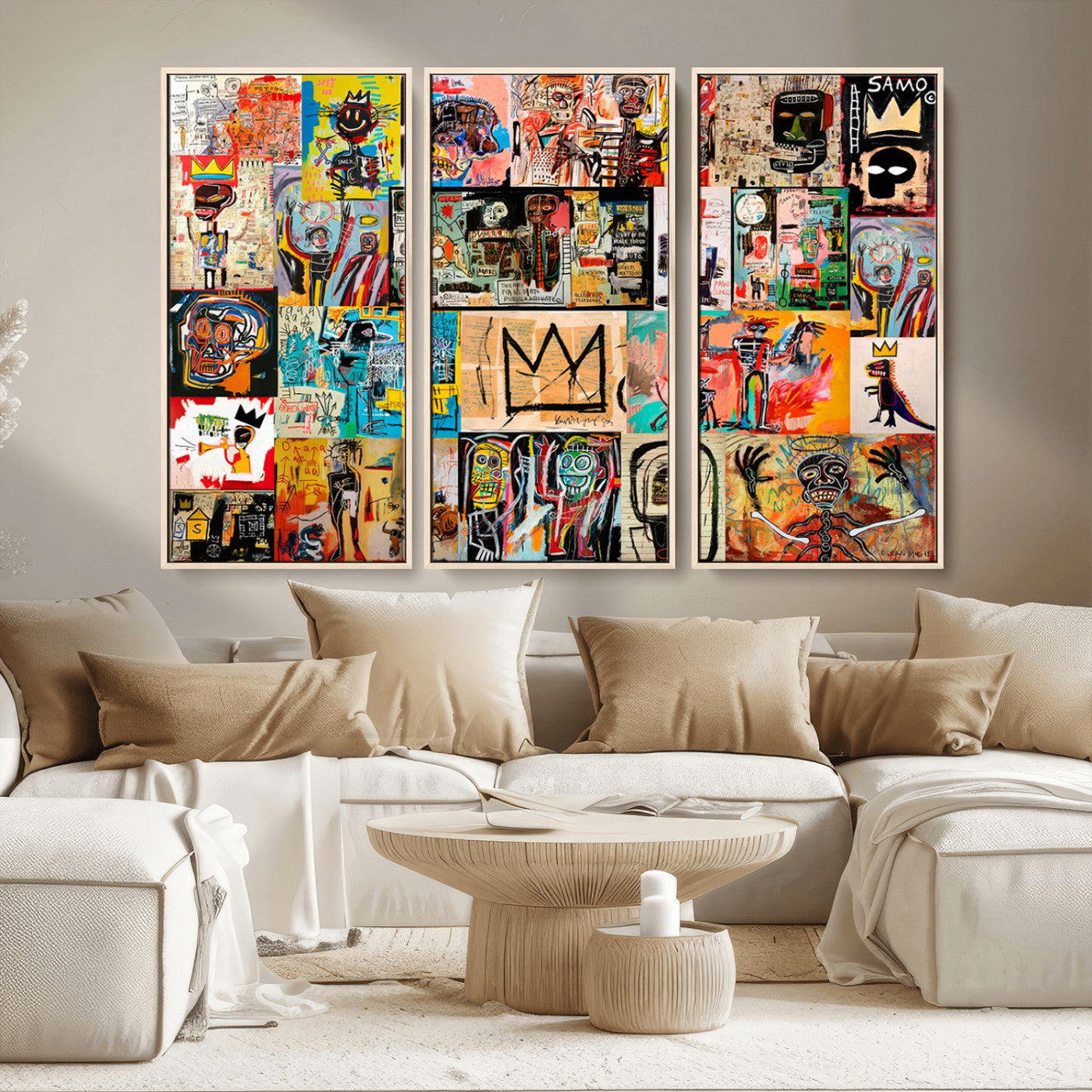MGV-FC-48X32-3P - Basquiat Art Collage Wall Art Canvas Print – Framed, Ready to Hang, Urban Graffiti Style