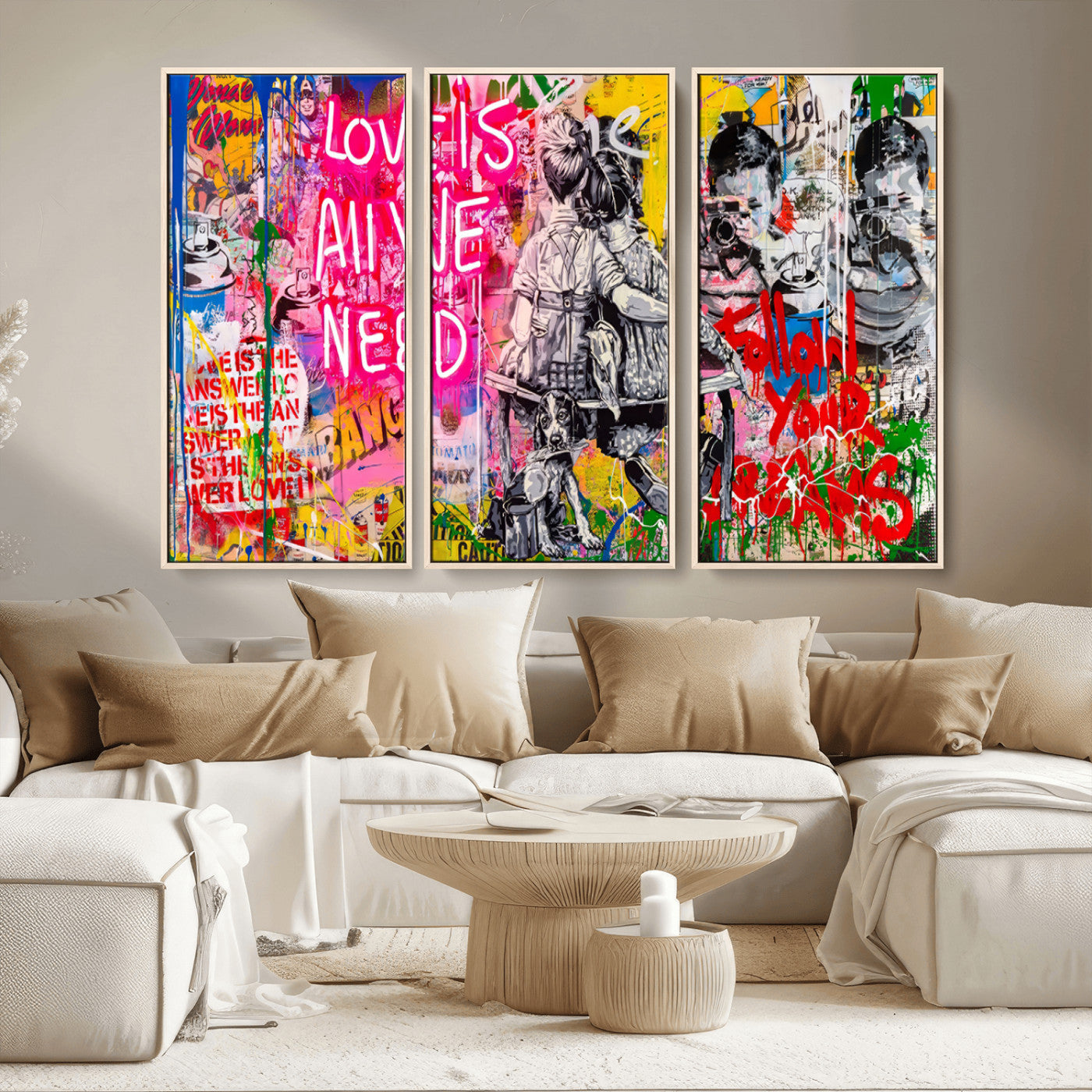 MGV-FC-48X32-3P - Follow Your Dreams & Love is All We Need Graffiti Street Art Triptych | 3-Panel Colorful Urban Wall Art for Living Room, Office, Loft Graffiti Wall Art Print