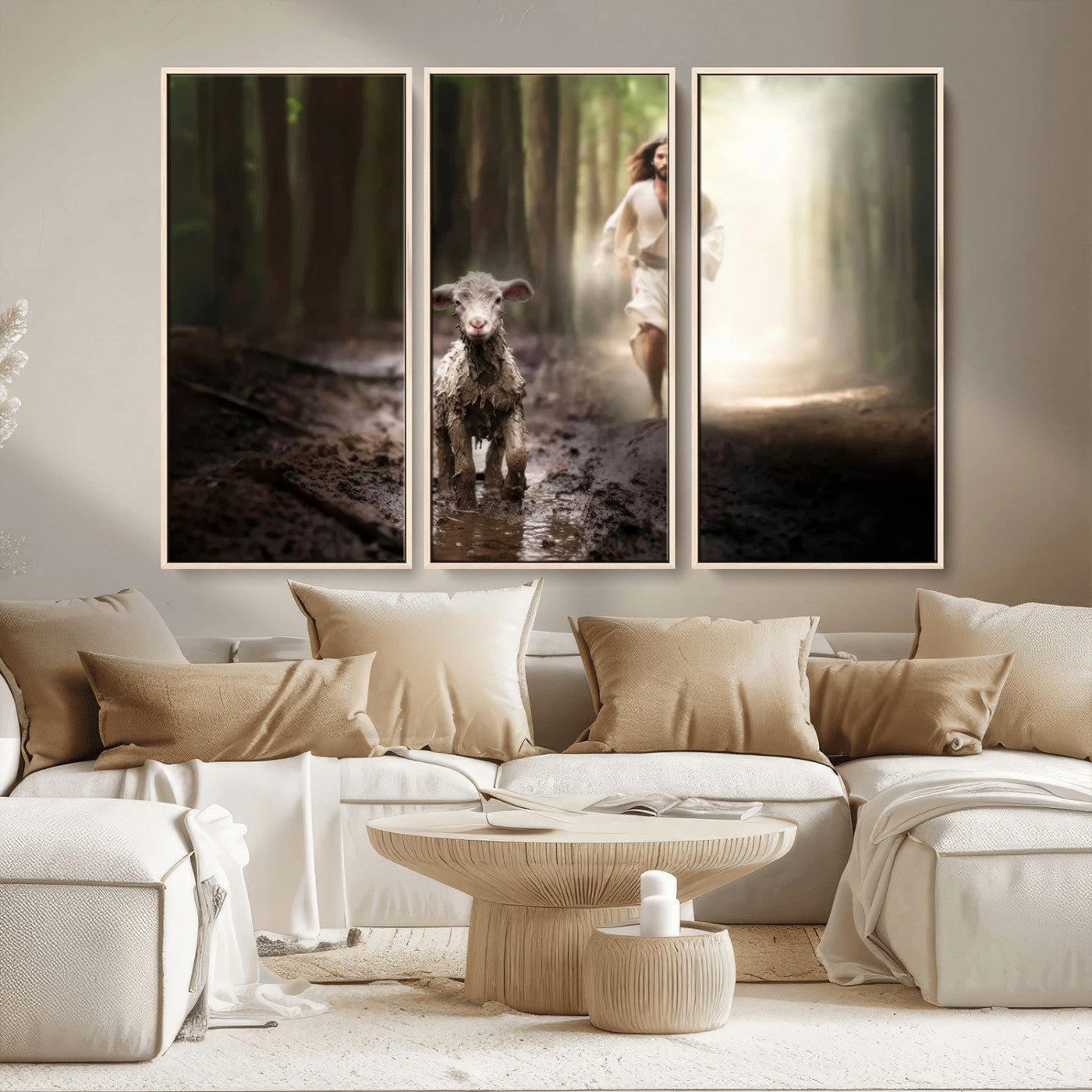 MGV-FC-48X32-3P - Jesus Canvas Wall Art - Jesus Running After Lost Lamb, Jesus, Christian Home Decor - Church Wall Art