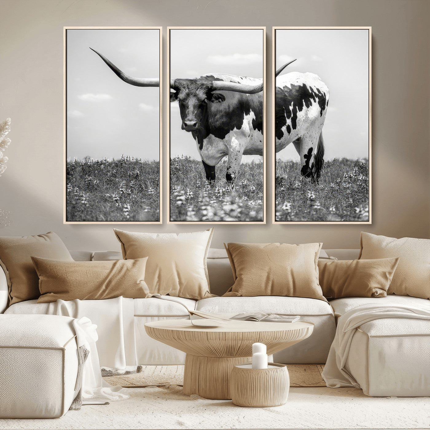 -Texas Black White Highland Longhorn Cow Wall Art Canvas Print