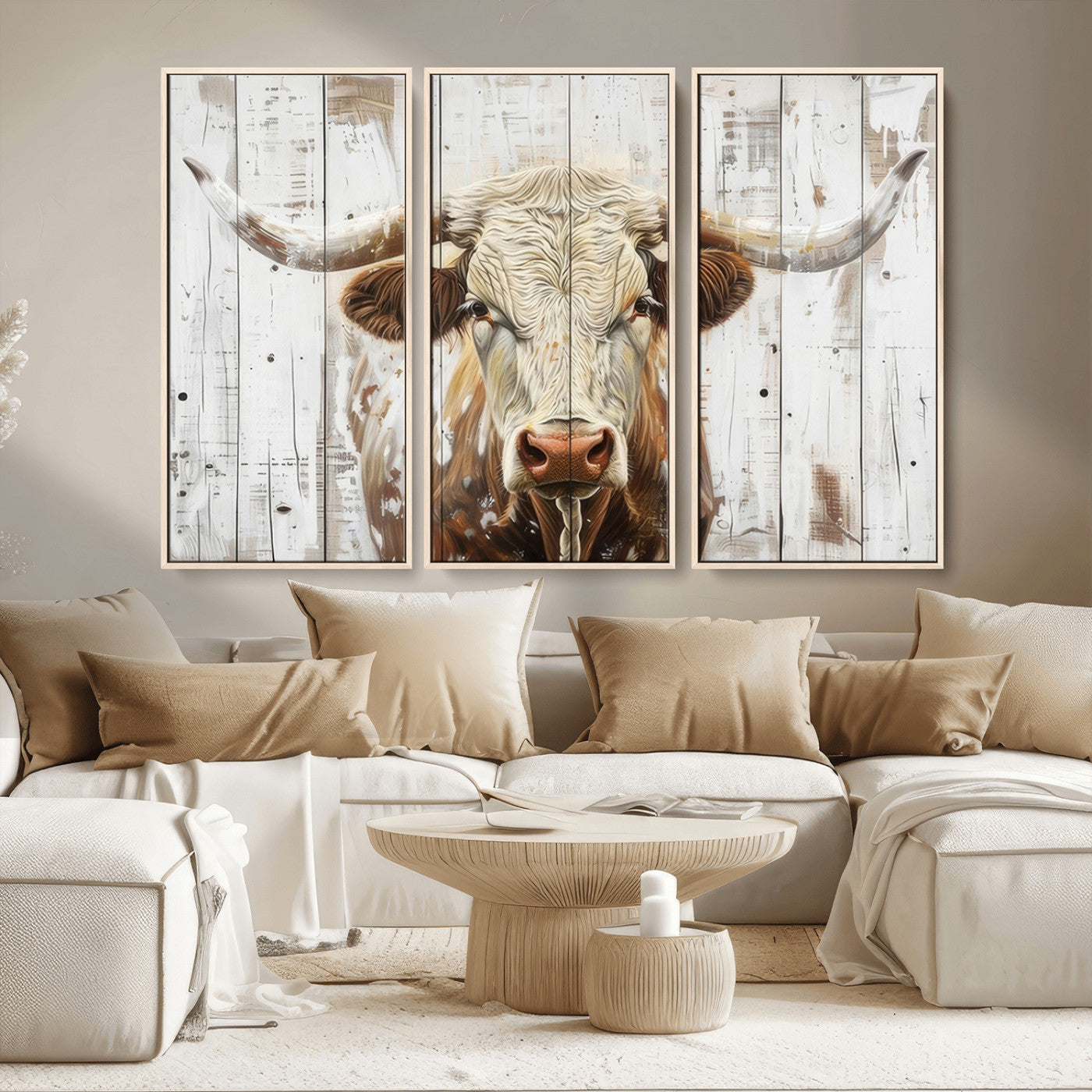-Rustic Longhorn Bull Wall Art Canvas Set – Western-Inspired Farmhouse Décor - Ready to Hang