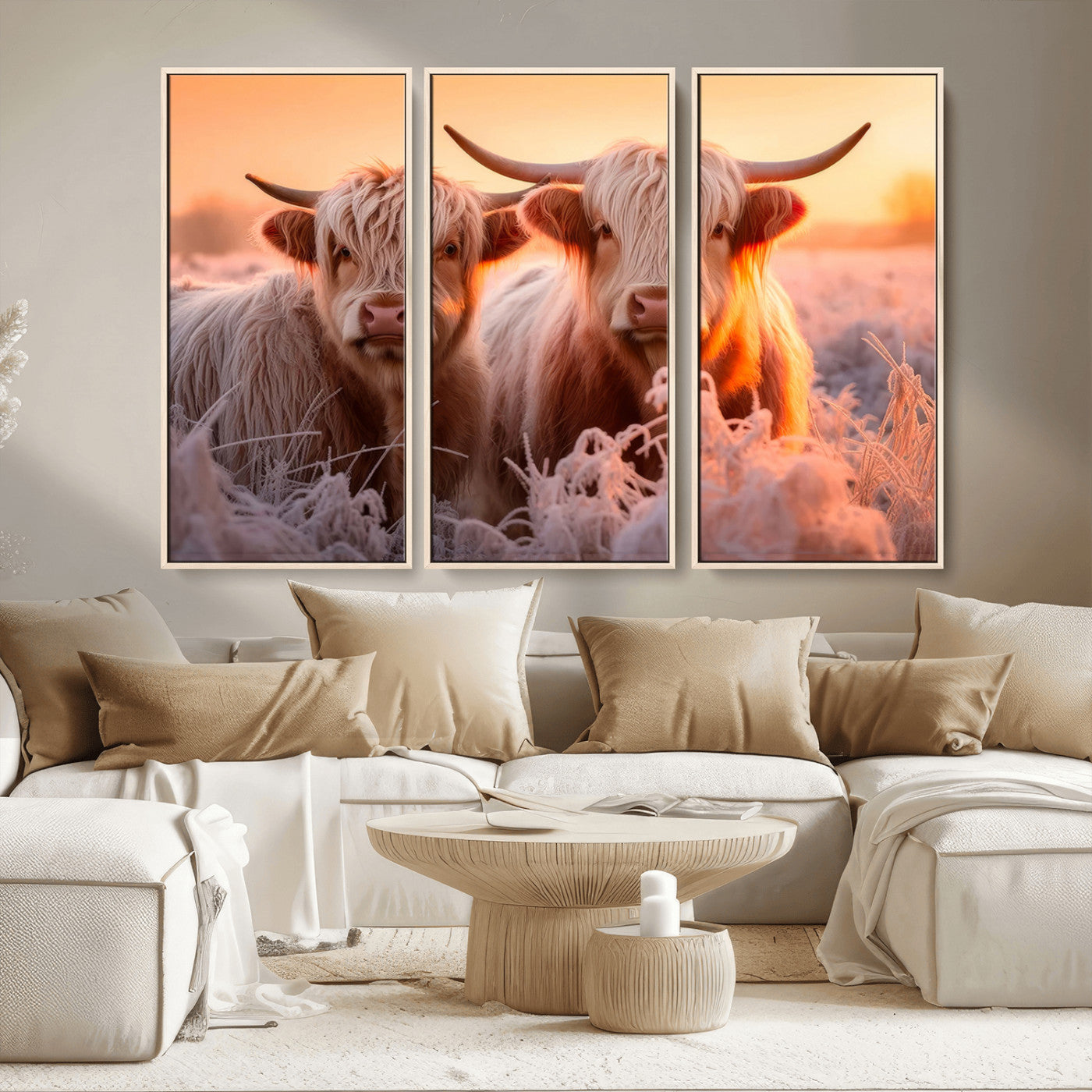 -Highland Cows at Sunrise Wall Art Canvas Set – Serene and Rustic Farmhouse Decor