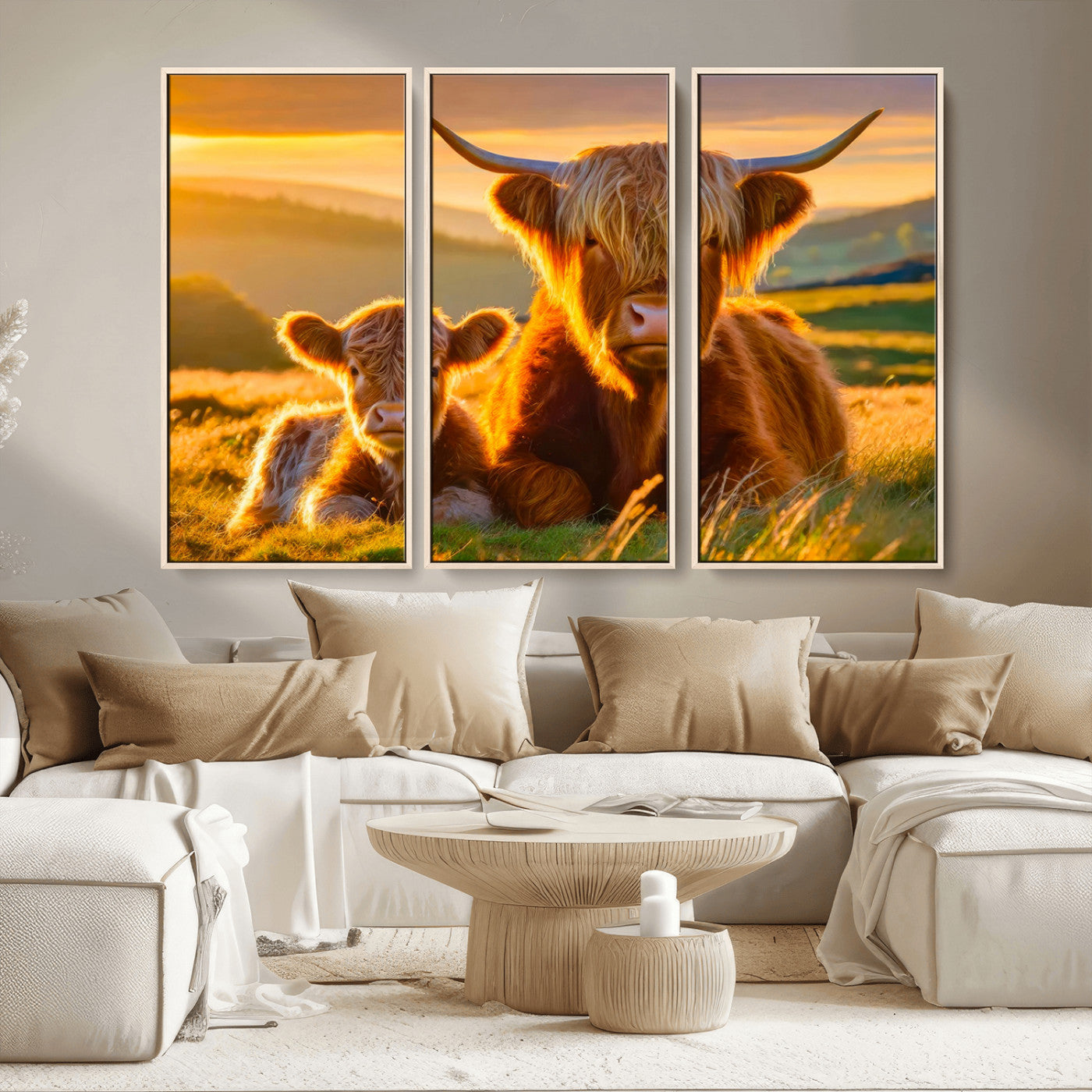 -Scottish Cow and Baby Cow Canvas Wall Art Animal Print Fluffy Cattle Framed Farmhouse Decor