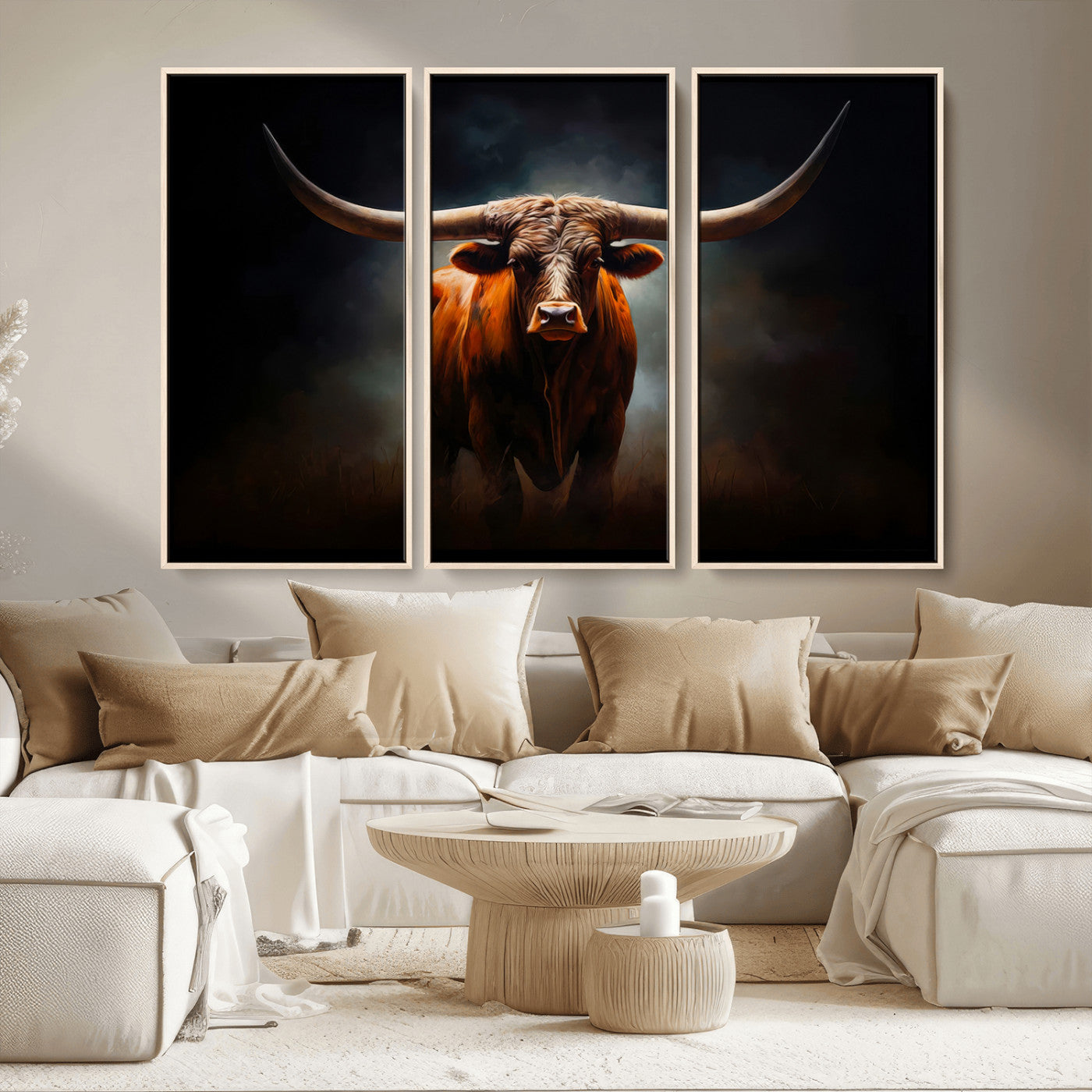 MGV-FC-48X32-3P - Abstract Texas Longhorn Wall Art Print | 3-Panel Large Texas Longhorn Canvas Print for Living Room, Office  Farmhouse Decor | Framed Longhorn Wall Art
