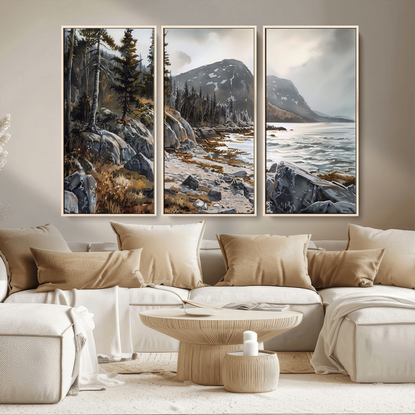 -Serene Coastal View of Acadia National Park - Stunning 3-Panel Wall Art Canvas Print, Framed, Ready