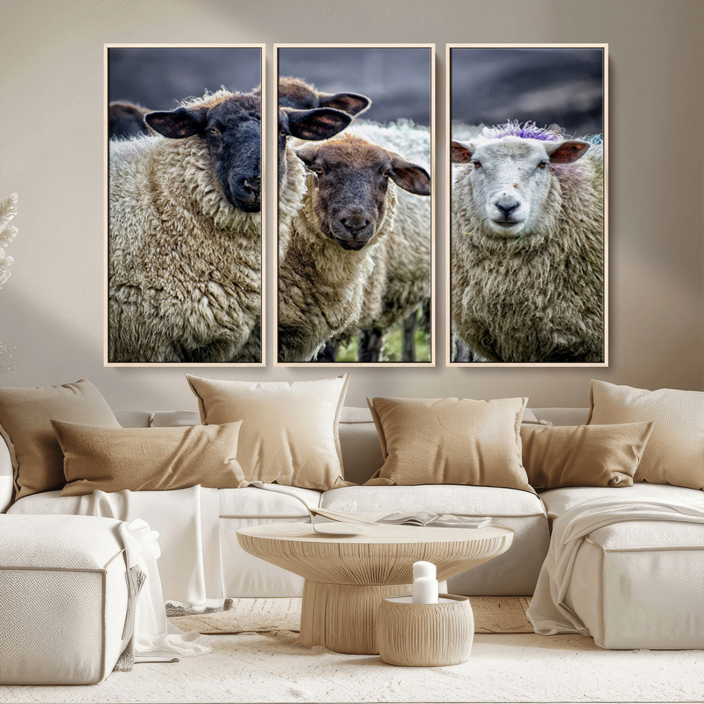 -Charming Sheep Portrait Wall Art – Trio of Woolly Companions Canvas Print, Framed, Ready to Hang