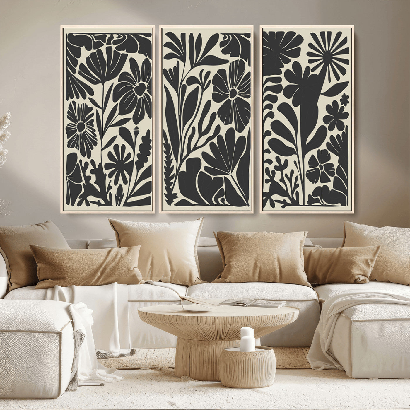 MGV-FC-48X32-3P - Modern Botanical Wall Art - Floral Black and White Canvas Print, Framed, Ready to Hang