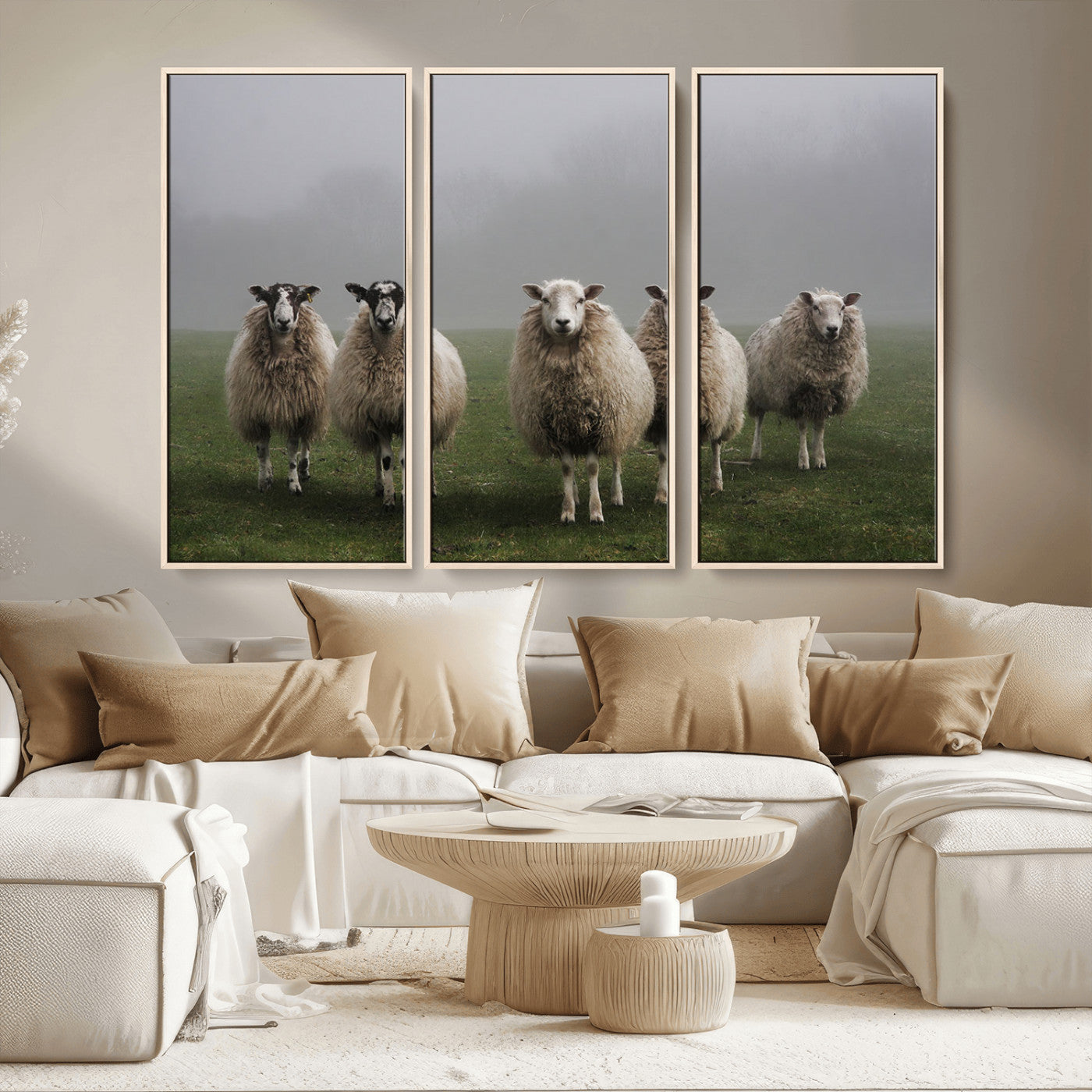-Flock of Sheep in a Mystical Fog – Pastoral Wall Art Canvas Print, Framed, Ready to Hang