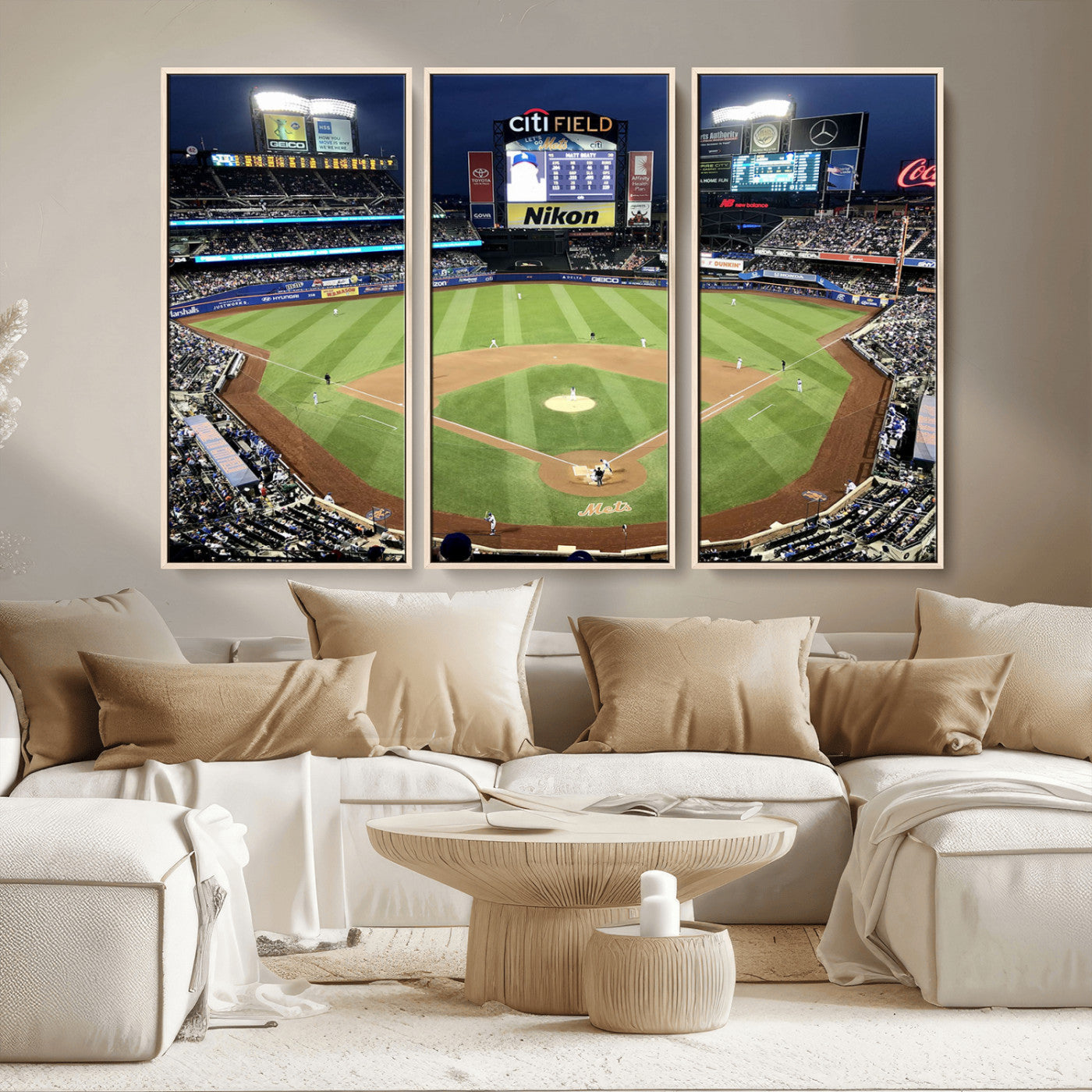 MGV-FC-48X32-3P - Citi Field Wall Art Print | 3-Panel New York Mets Baseball Stadium Canvas Print | Framed Sports Decor for Living Room, Man Cave, or Office Decor