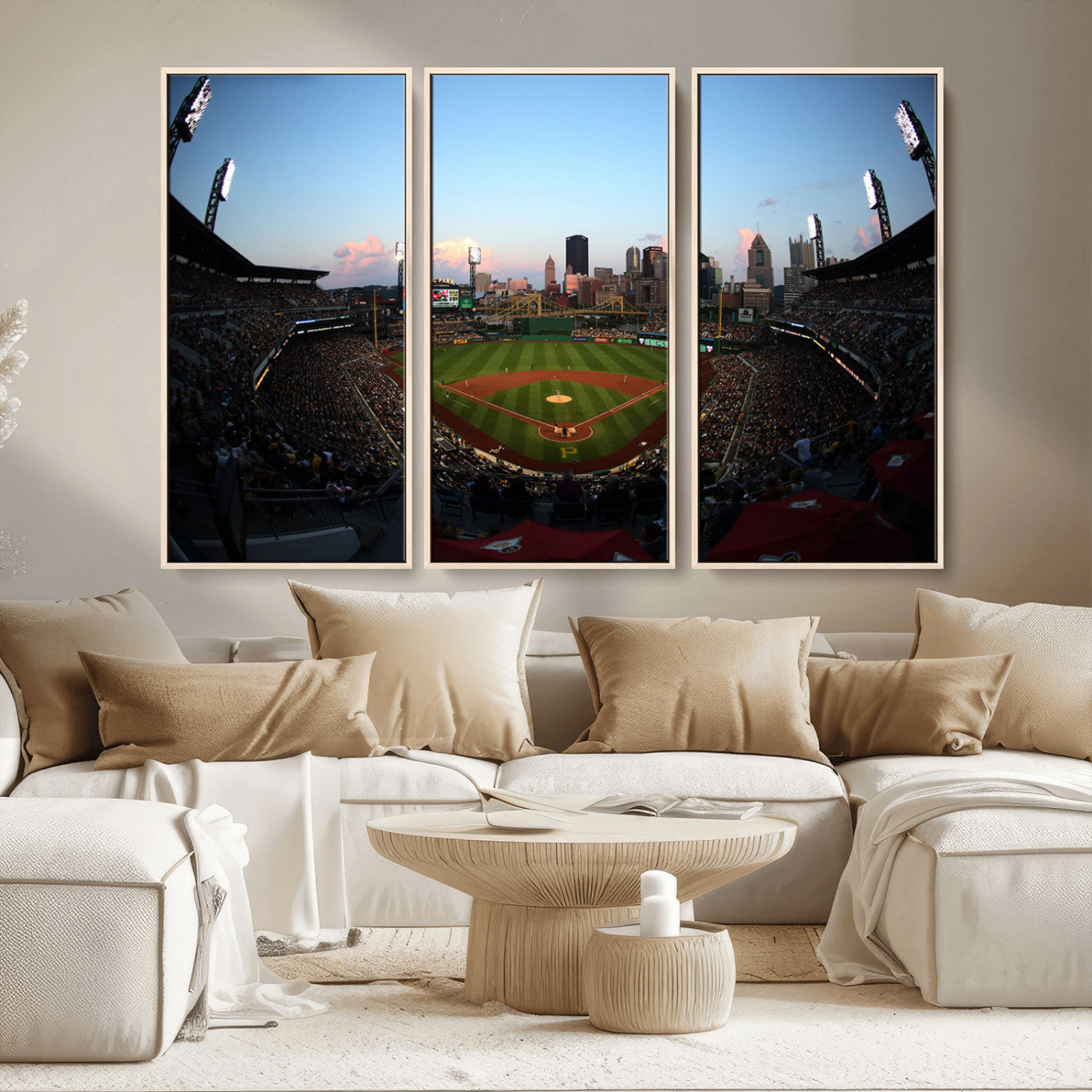 MGV-FC-48X32-3P - PNC Park Evening Game Triple Canvas Wall Art - Pittsburgh Pirates MLB Match - PNC Park Stadium Wall Art Canvas Print
