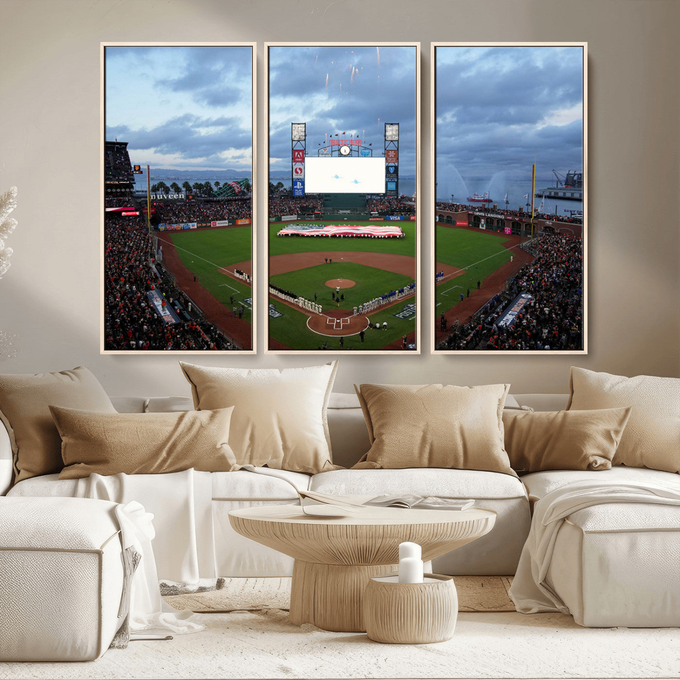 MGV-FC-48X32-3P - Oracle Park San Francisco Giants Wall Art | 3-Panel Canvas Print of Oracle Park Stadium | Large Framed Baseball Wall Decor | Ready-to-Hang MLB Canvas Print