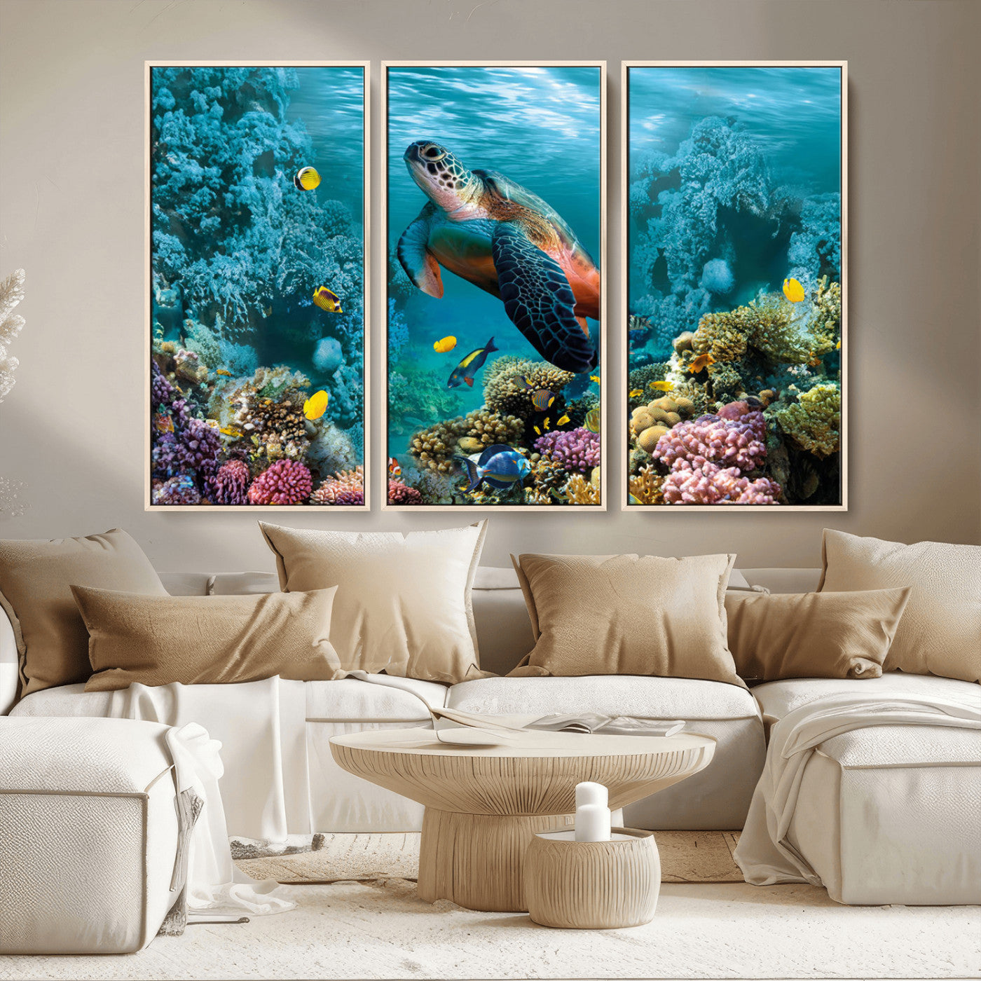 MGV-FC-48X32-3P - Sea Turtle and Coral Reef Triptych Wall Art – Vibrant Underwater Scene Canvas Set for Ocean Lovers and Coastal Decor – Ready to Hang 3-Panel Artwork
