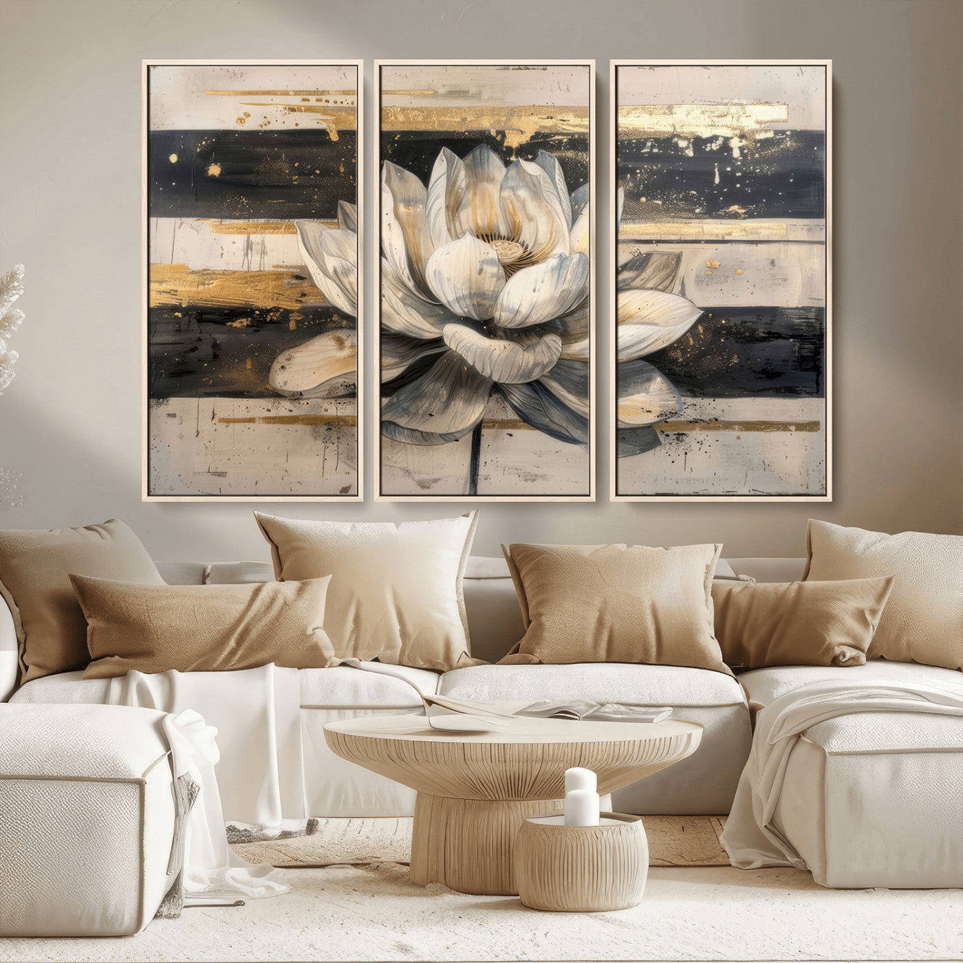MGV-FC-48X32-3P - Lotus Flower Wall Art Canvas Print, Framed Abstract Lotus Art Picture Print, White Lotus Flower Perfect Abstract Floral Decor Artwork