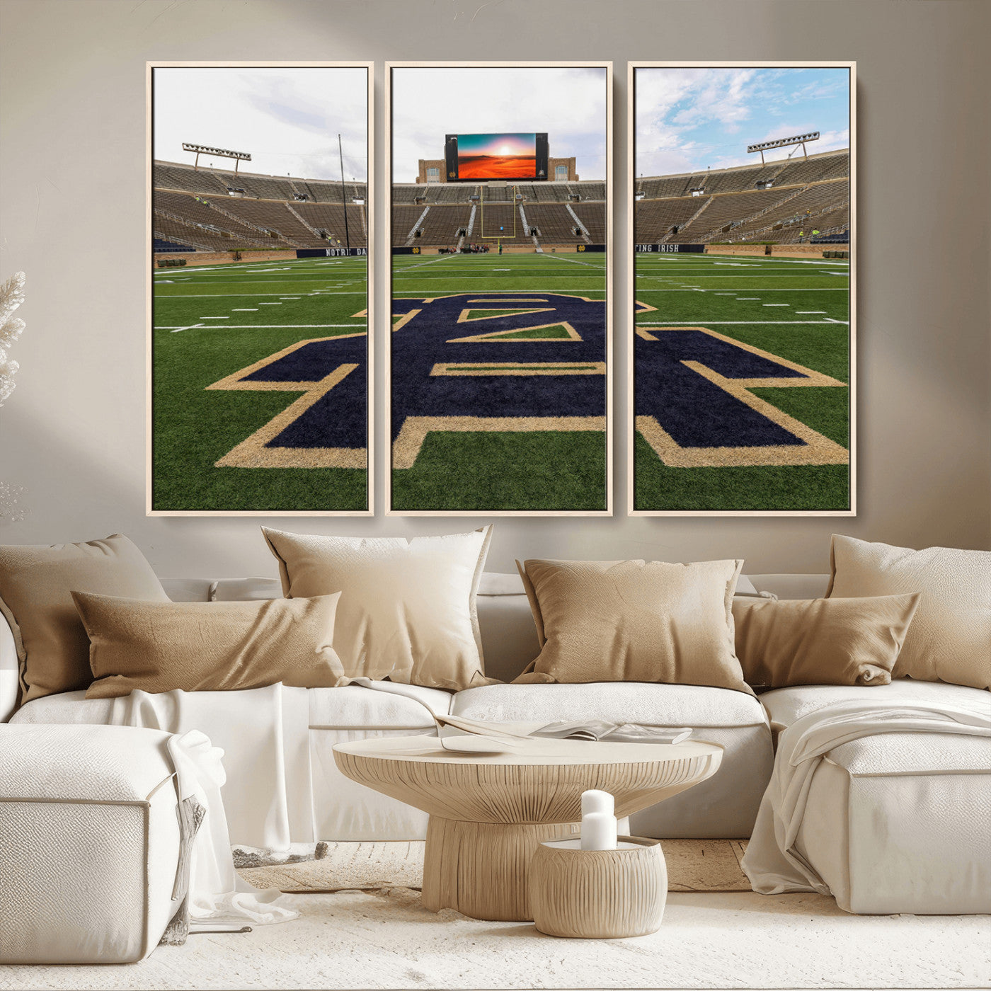 MGV-FC-48X32-3P - Notre Dame Stadium Giclee Canvas Print | Triptych Wall Art Featuring Iconic Notre Dame Football Field | Ready-to-Hang Sports Stadium Decor