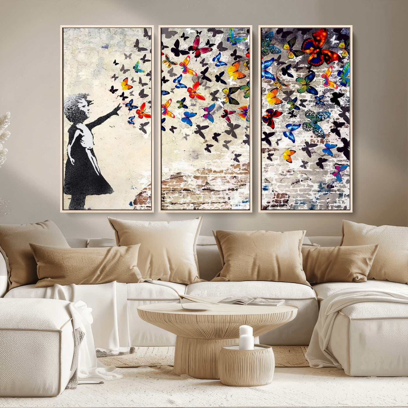 MGV-FC-48X32-3P - Banksy Graffiti Wall Art Canvas Print: Girl Releasing Vibrant Butterflies – Ready to Hang
