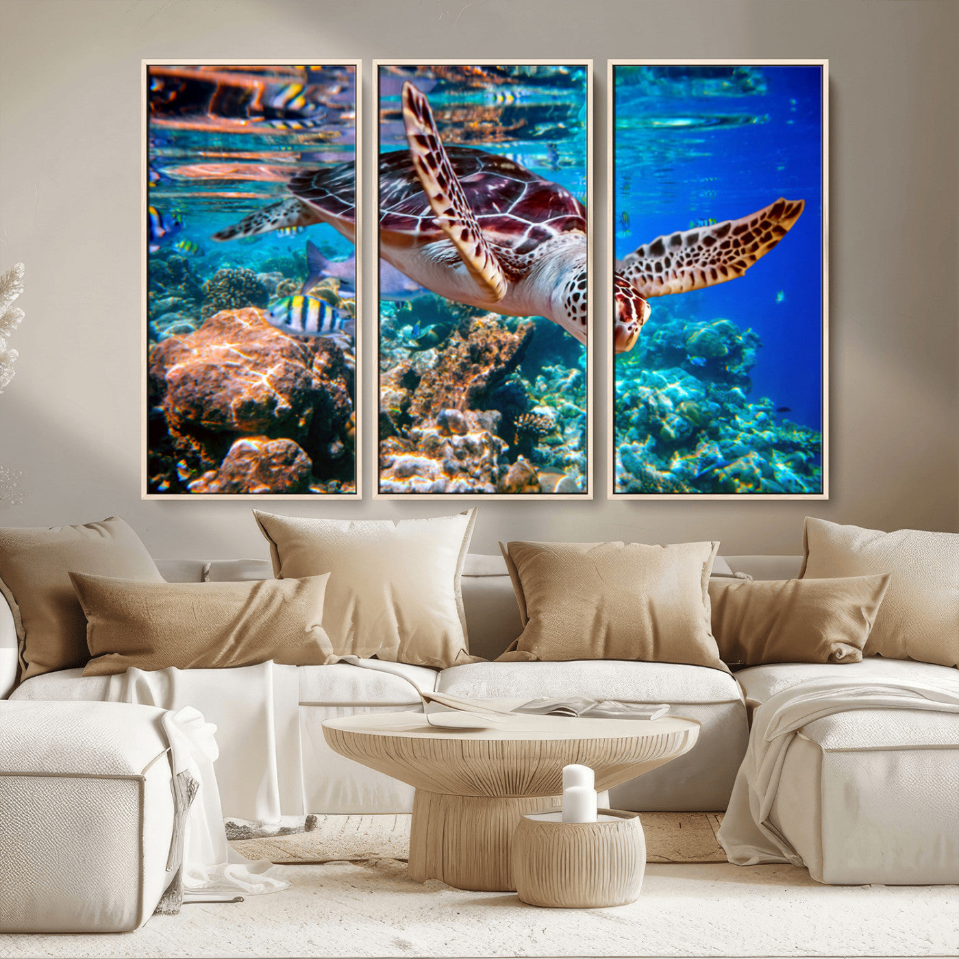 MGV-FC-48X32-3P - Underwater Coral Reef Sea Turtle Wall Art Canvas Print, Vibrant Marine Life | Colorful Ocean Scene