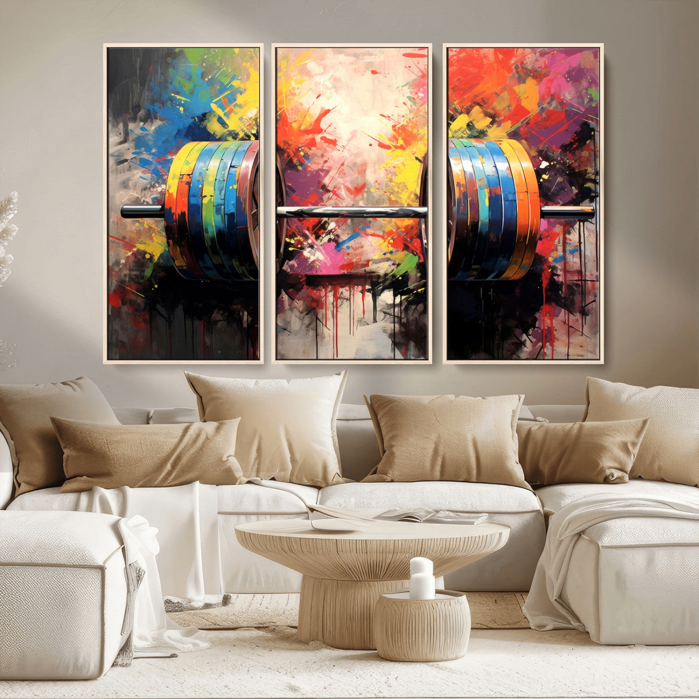 MGV-FC-48X32-3P - Weightlifting Barbell Art Triptych, Bold Abstract Fitness Wall Decor for Gym or Home, Giclee Canvas Print