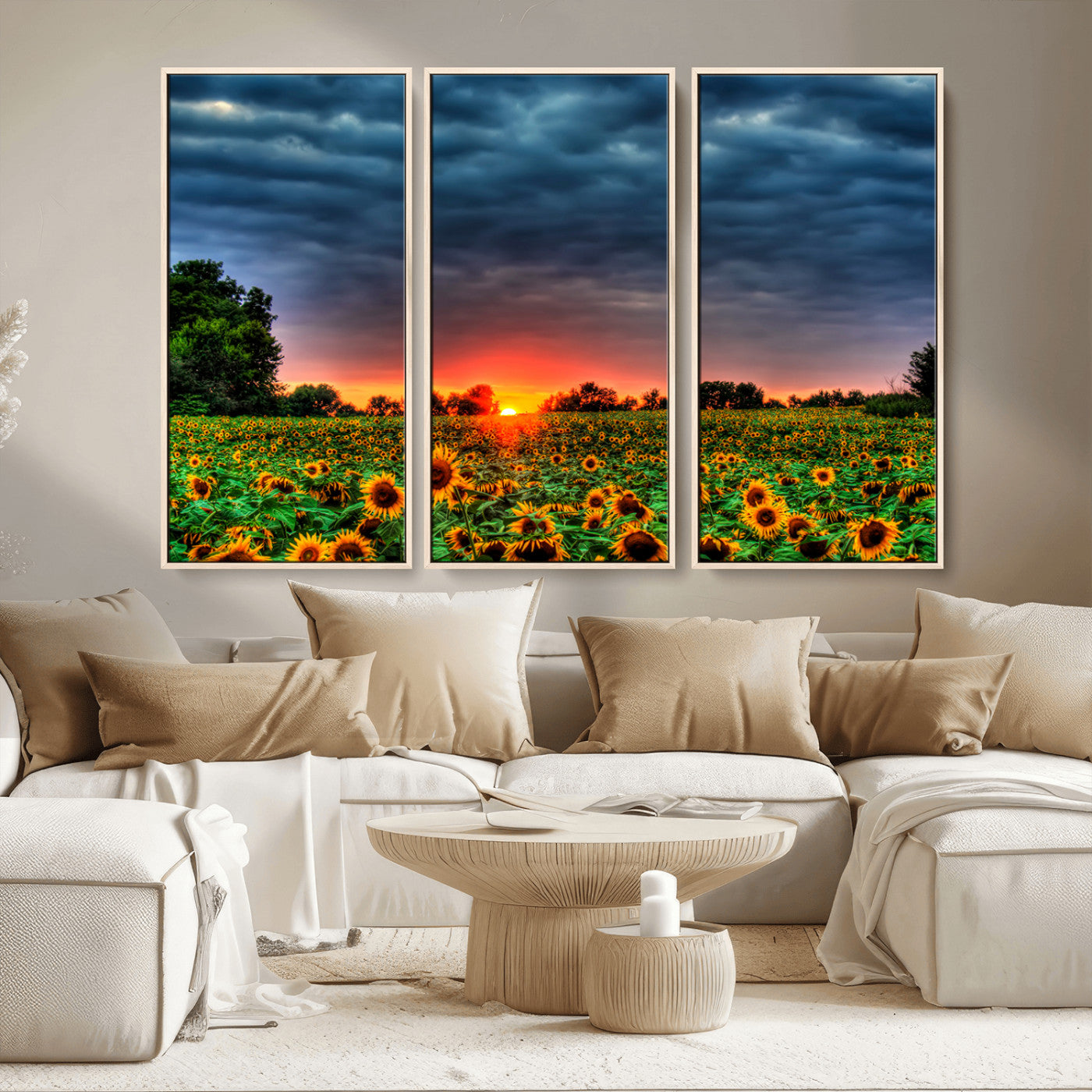 MGV-FC-48X32-3P - Golden Sunflower Field at Sunset – Breathtaking Sky and Vibrant Flowers, Ready to Hang Wall Art