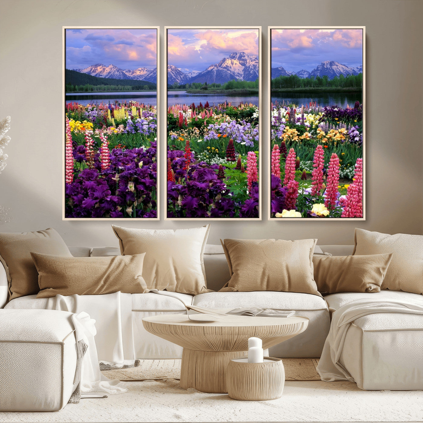 MGV-FC-48X32-3P - Vibrant Wildflower Garden and Mountain View Giclee Canvas Print | Floral Wall Art for Living Room