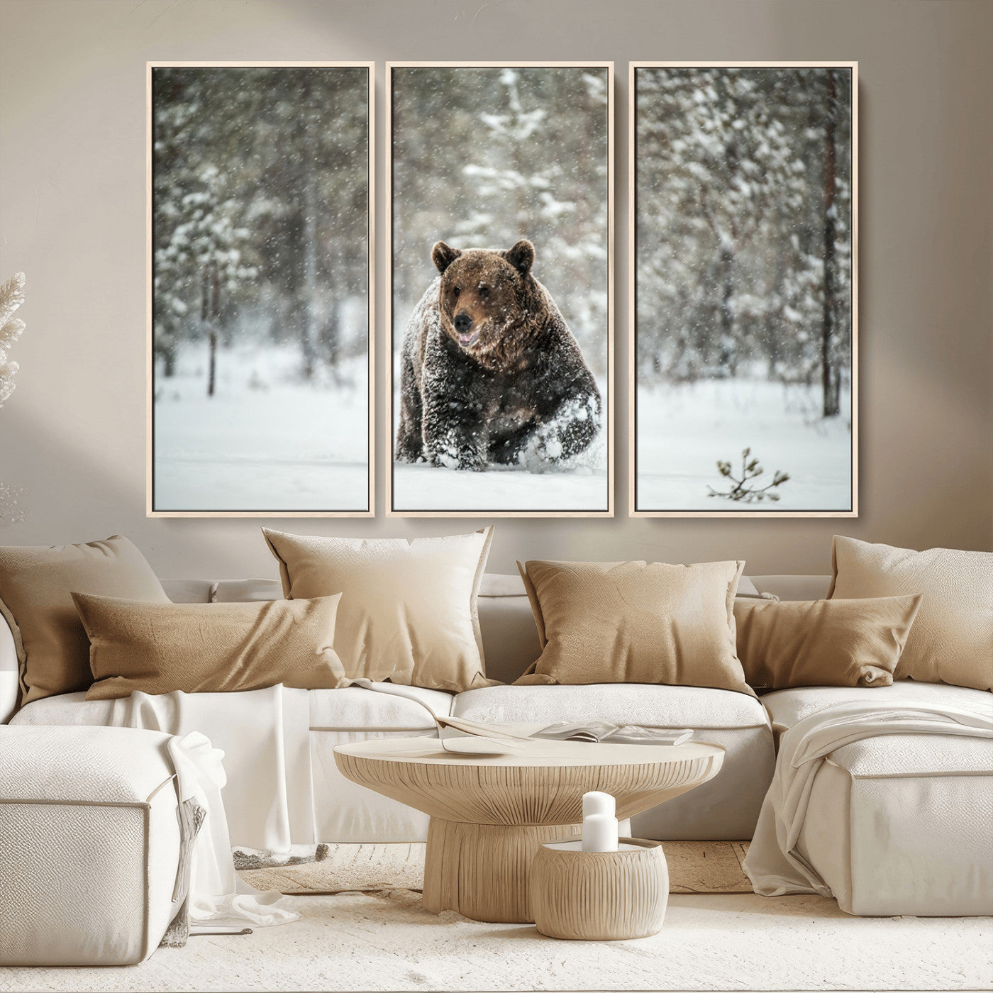 A majestic brown bear moves through a snowy forest landscape, surrounded by falling snowflakes, capturing the essence of wildlife in winter.
