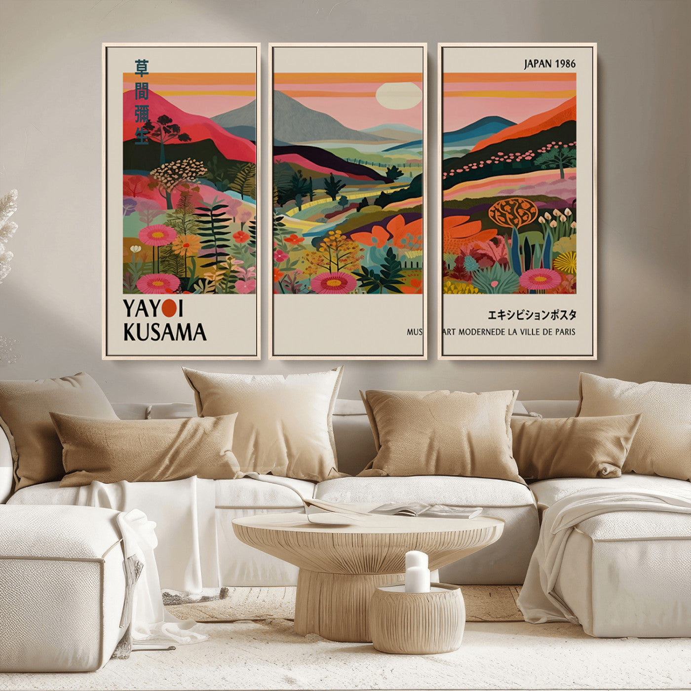 MGV-FC-48X32-3P - Yayoi Kusama Landscape Canvas Print, Vibrant Floral Mountain Art Print, Botanical Flower Nature