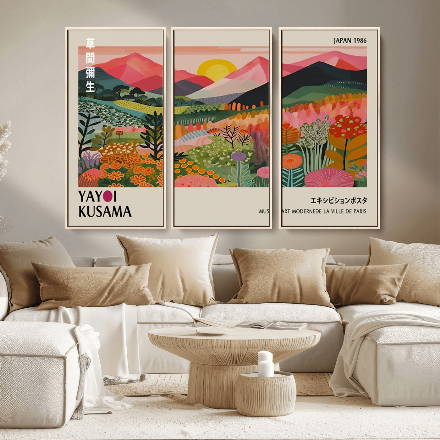 MGV-FC-48X32-3P - Yayoi Kusama Landscape Canvas Print, Vibrant Floral Mountain Art Print, Framed Botanical Wall Art -
