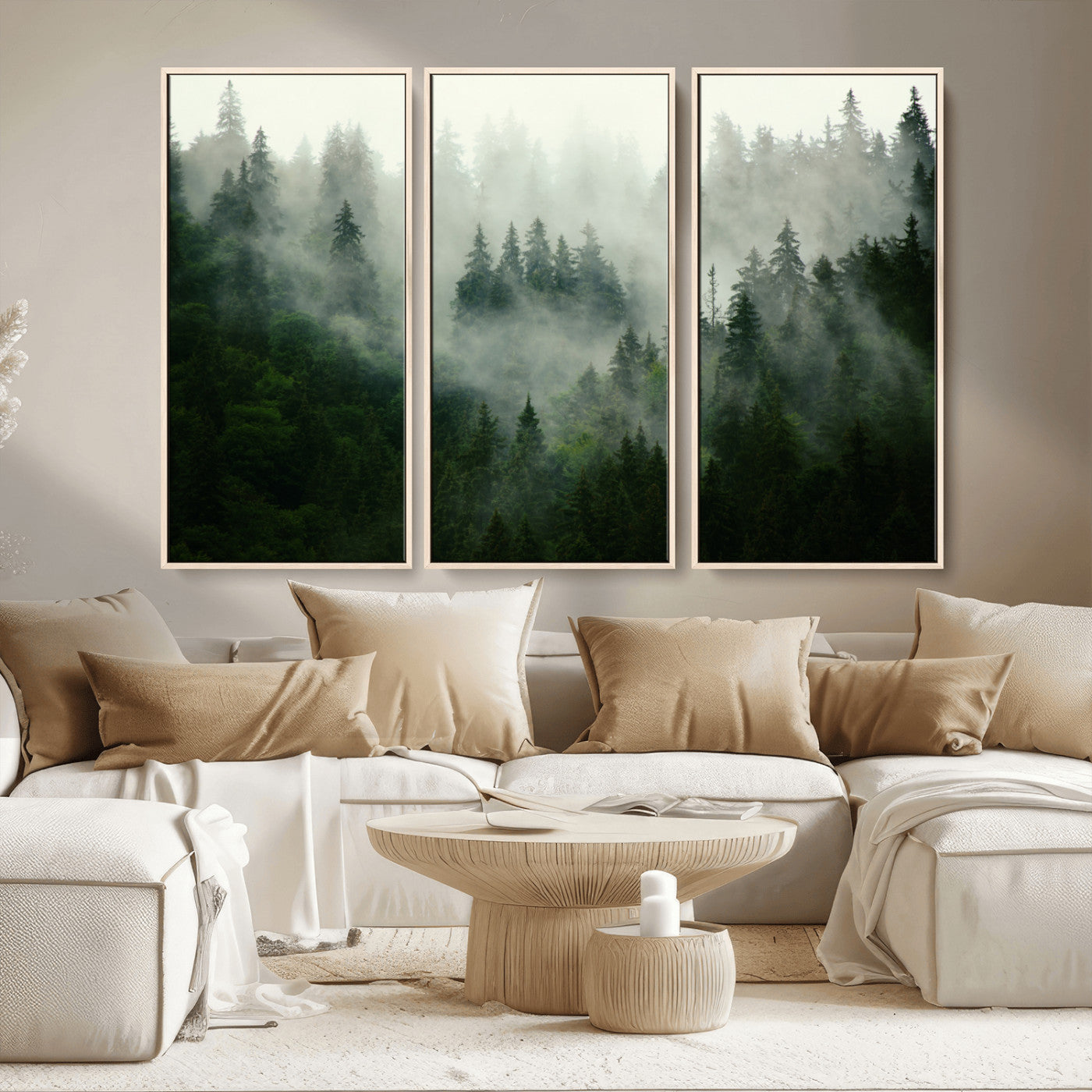 MGV-FC-48X32-3P - Misty Forest Wall Art Canvas Print - Foggy Forest Landscape Canvas Wall Art – Serene Triptych Nature
