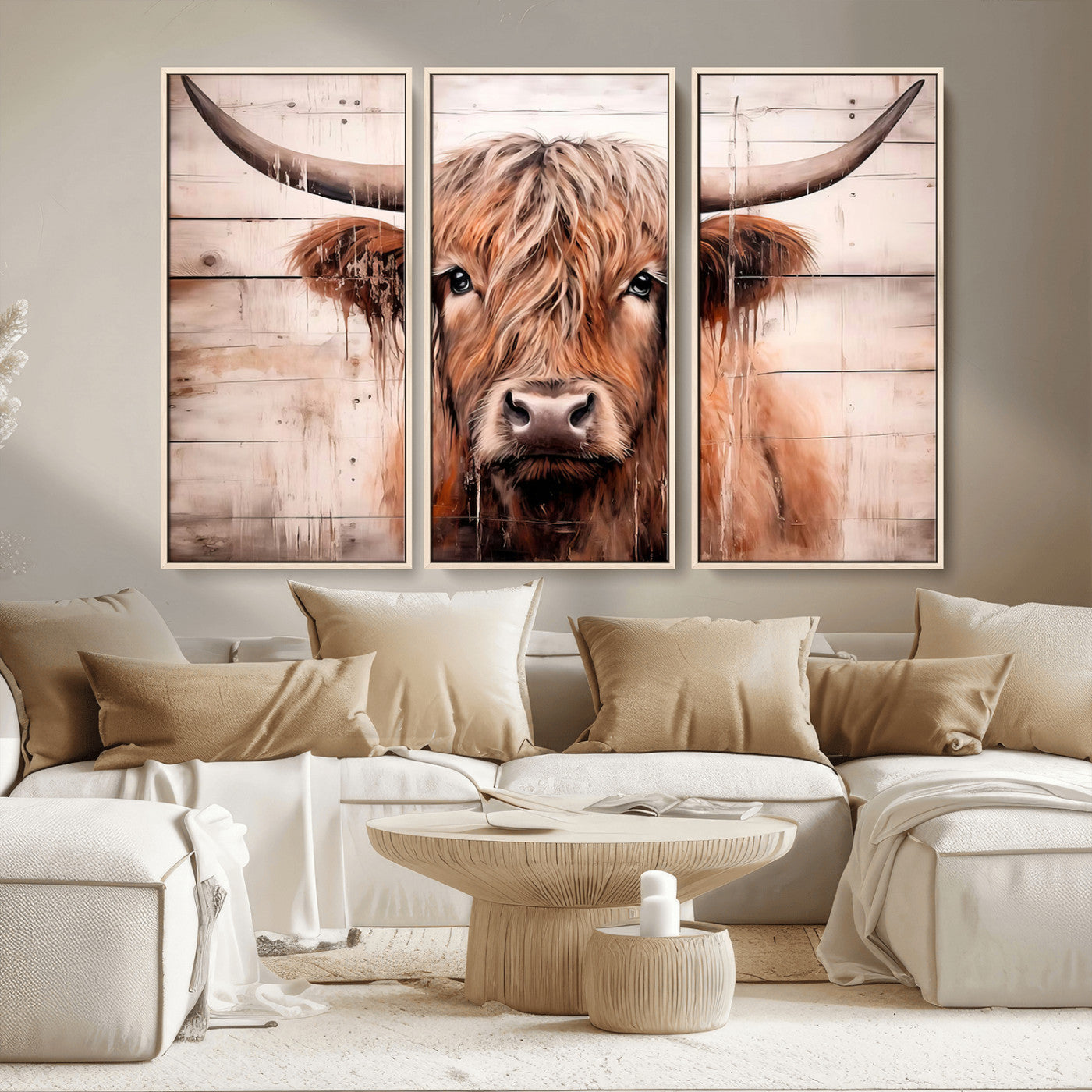 MGV-FC-48X32-3P - Vintage Scottish Highland Cow Cattle Art Print Farmhouse Wall Art Canvas Print