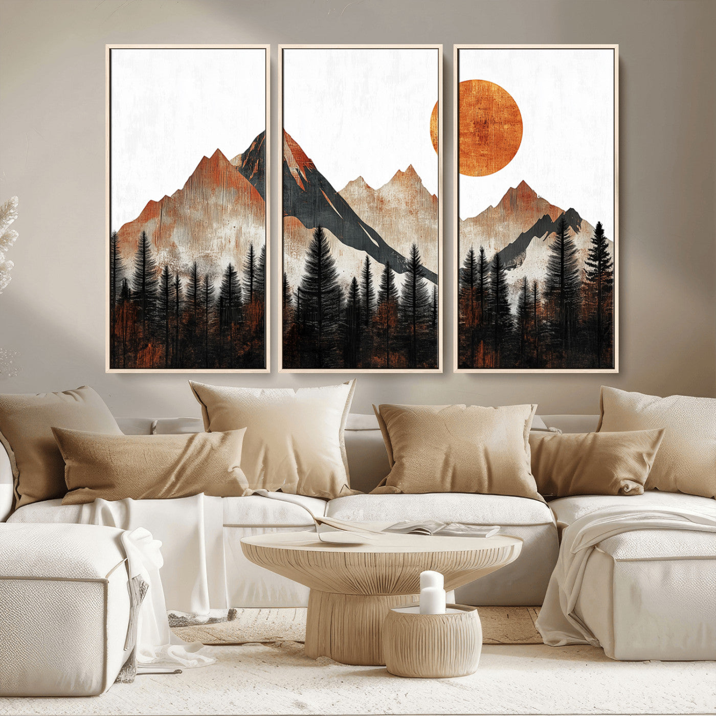 MGV-FC-48X32-3P - Modern Abstract Mountain Canvas Wall Art Print, Abstract Landscape Print, Rustic Sun and Mountains