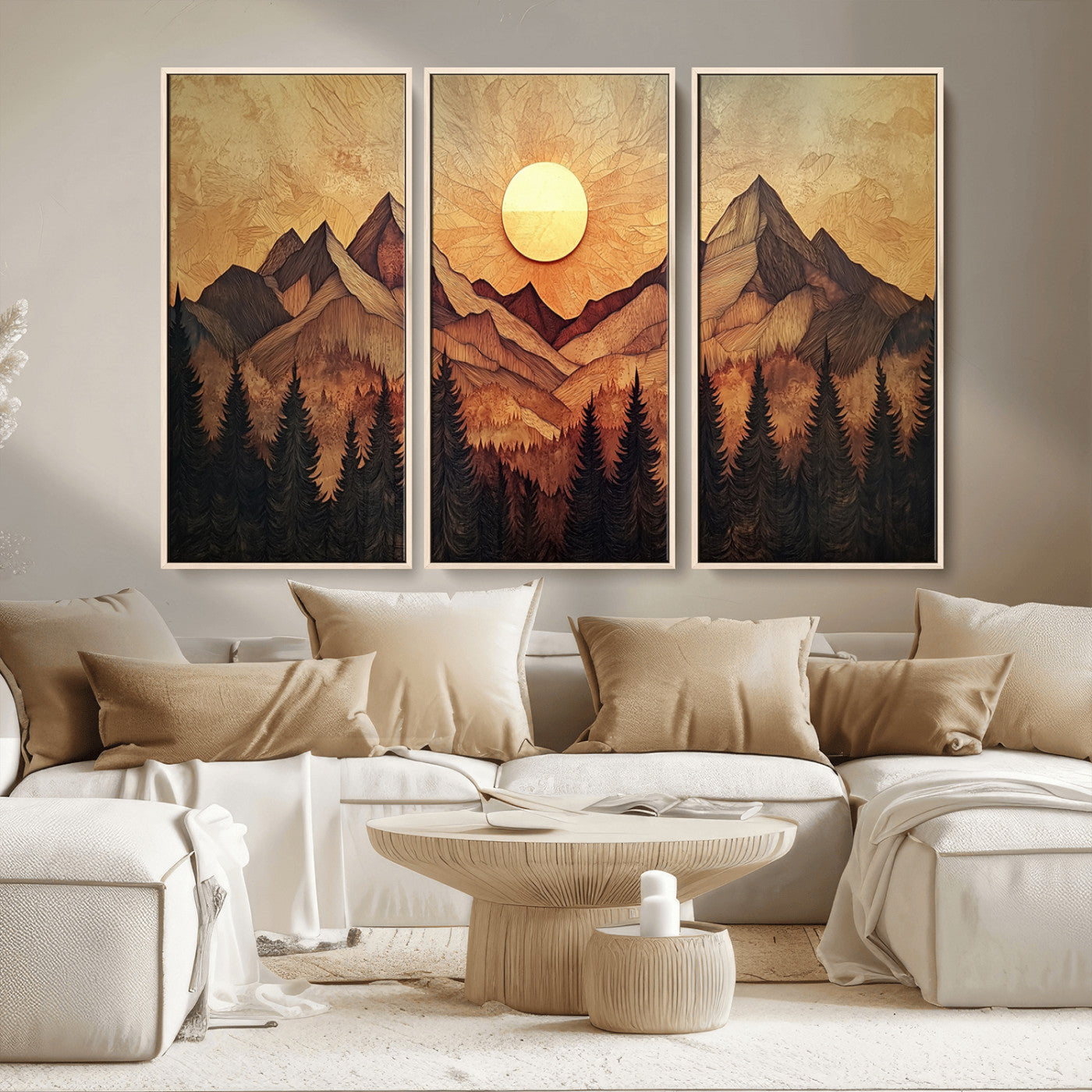 MGV-FC-48X32-3P - Wood Style Abstract Mountain Sunset Canvas Wall Art Print - Warm Earth Nature-Inspired Decor for