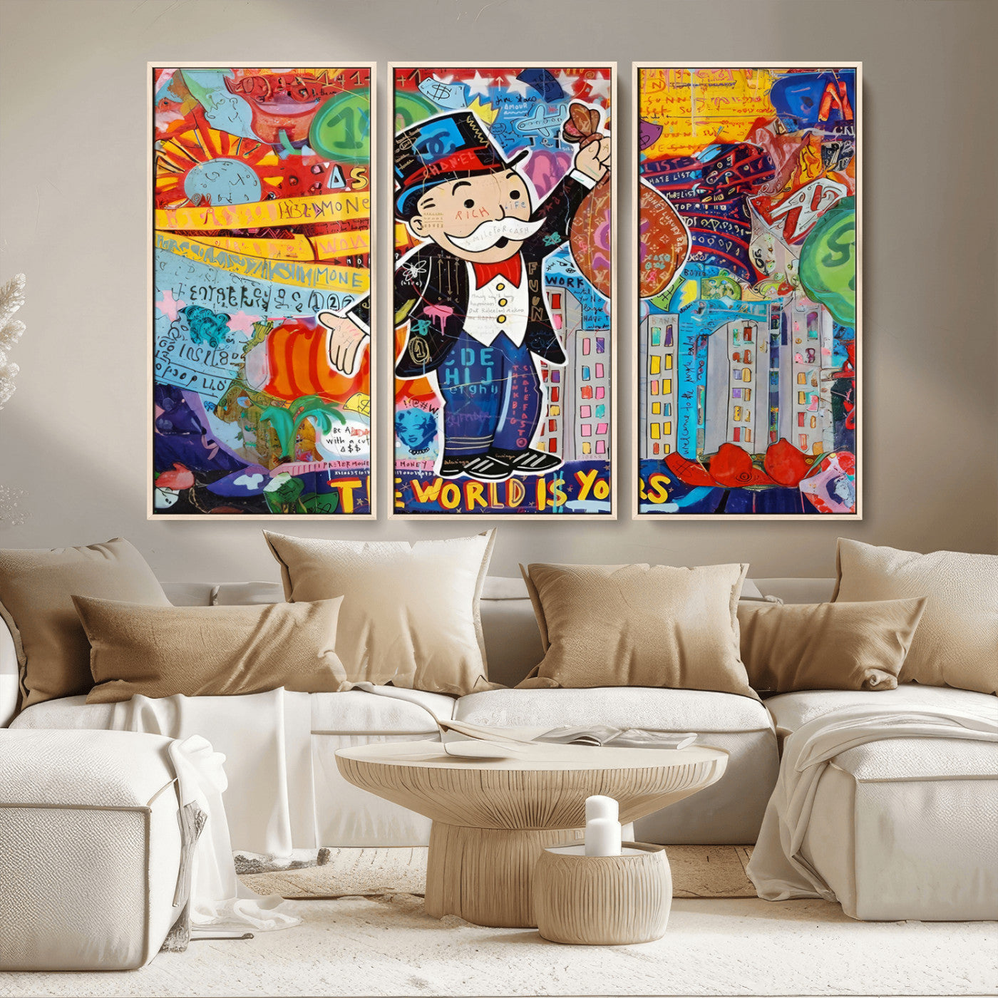 MGV-FC-48X32-3P - Pop Art Monopoly Man Canvas Wall Art Print - Bold and Colorful Street Art-Inspired Decor for Living