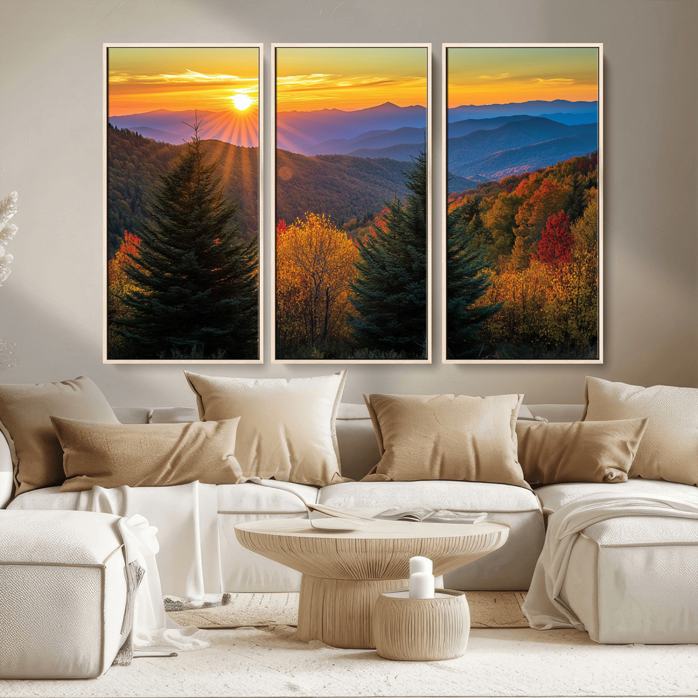 MGV-FC-48X32-3P - Golden Sunset Over Mountain Forest Canvas Wall Art Print - Warm Nature-Inspired Landscape for Living
