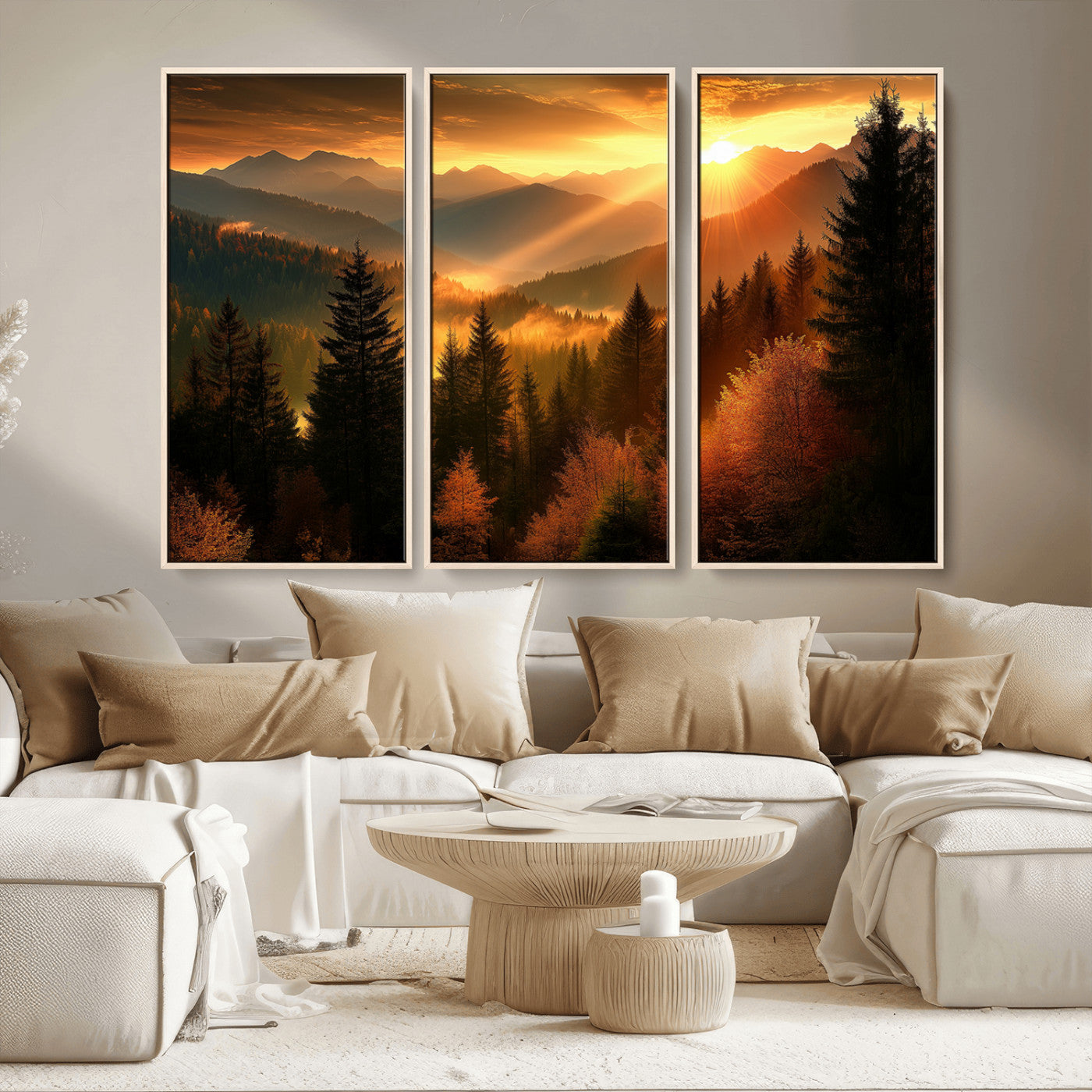 MGV-FC-48X32-3P - Golden Sunset Over Mountain Forest Canvas Wall Art Print - Warm Nature Landscape Print