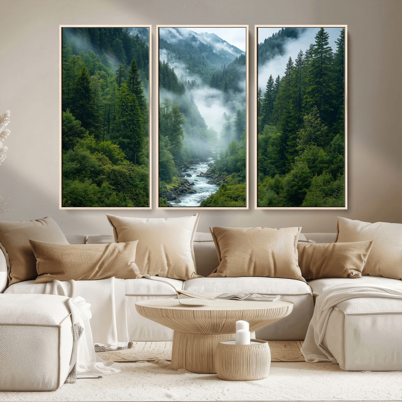 MGV-FC-48X32-3P - Mountain Forest River Canvas Wall Art Print - Serene Nature Landscape for Living Room, Office, or