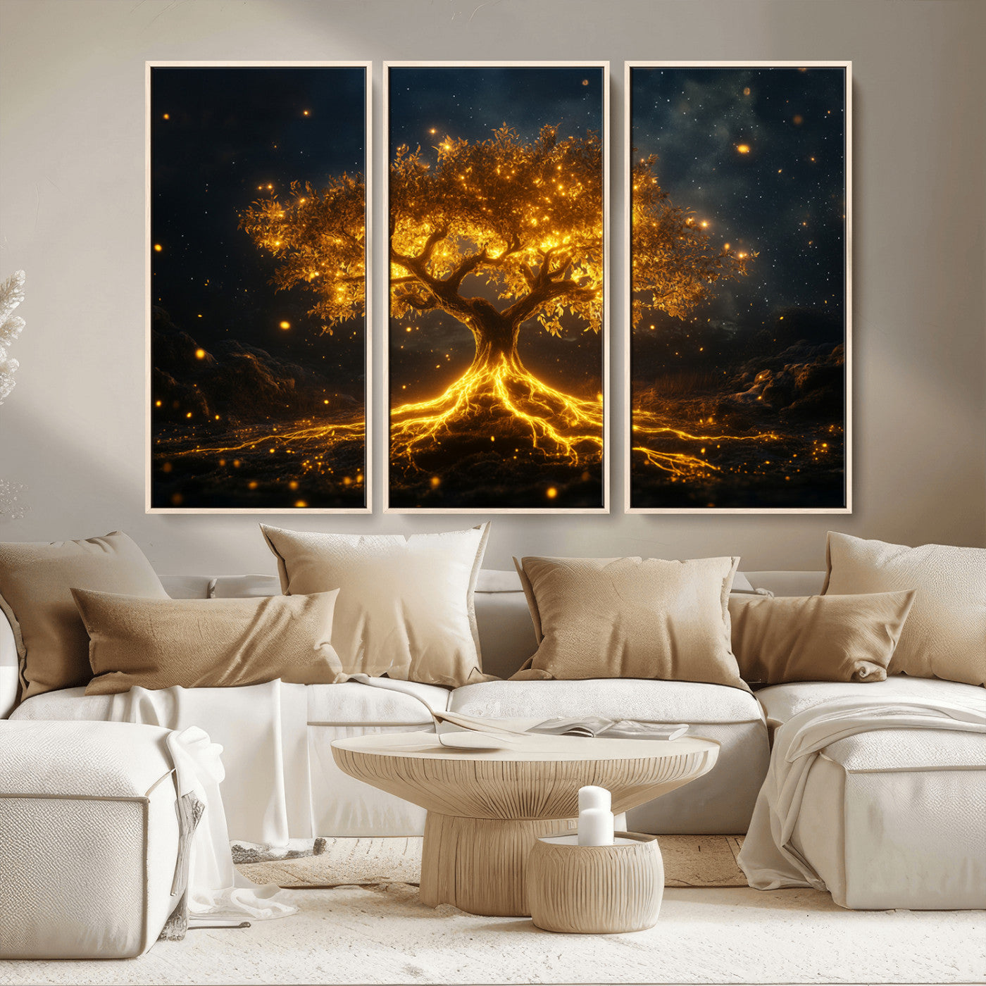 MGV-FC-48X32-3P - Golden Tree of Life Canvas Wall Art Print - Majestic Glowing Tree Design for Living Room, Office, or