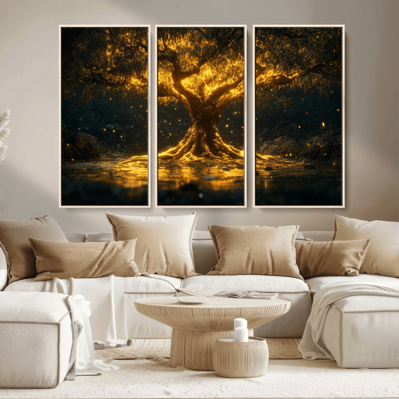 MGV-FC-48X32-3P - Golden Tree of Life Canvas Wall Art Print - Majestic Glowing Tree Wall Art Print