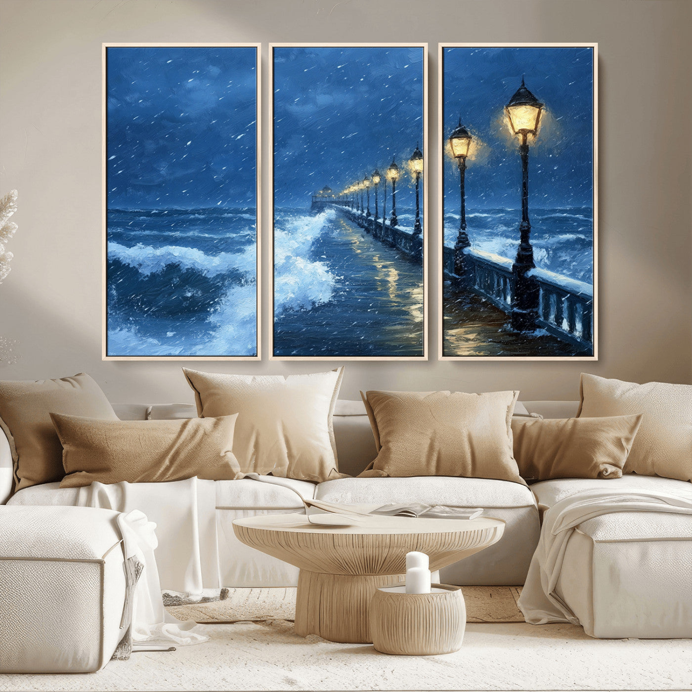 MGV-FC-48X32-3P - Stormy Ocean Pier Lights Canvas Wall Art Print - Large Moody Night Scene for Living Room, or Office,