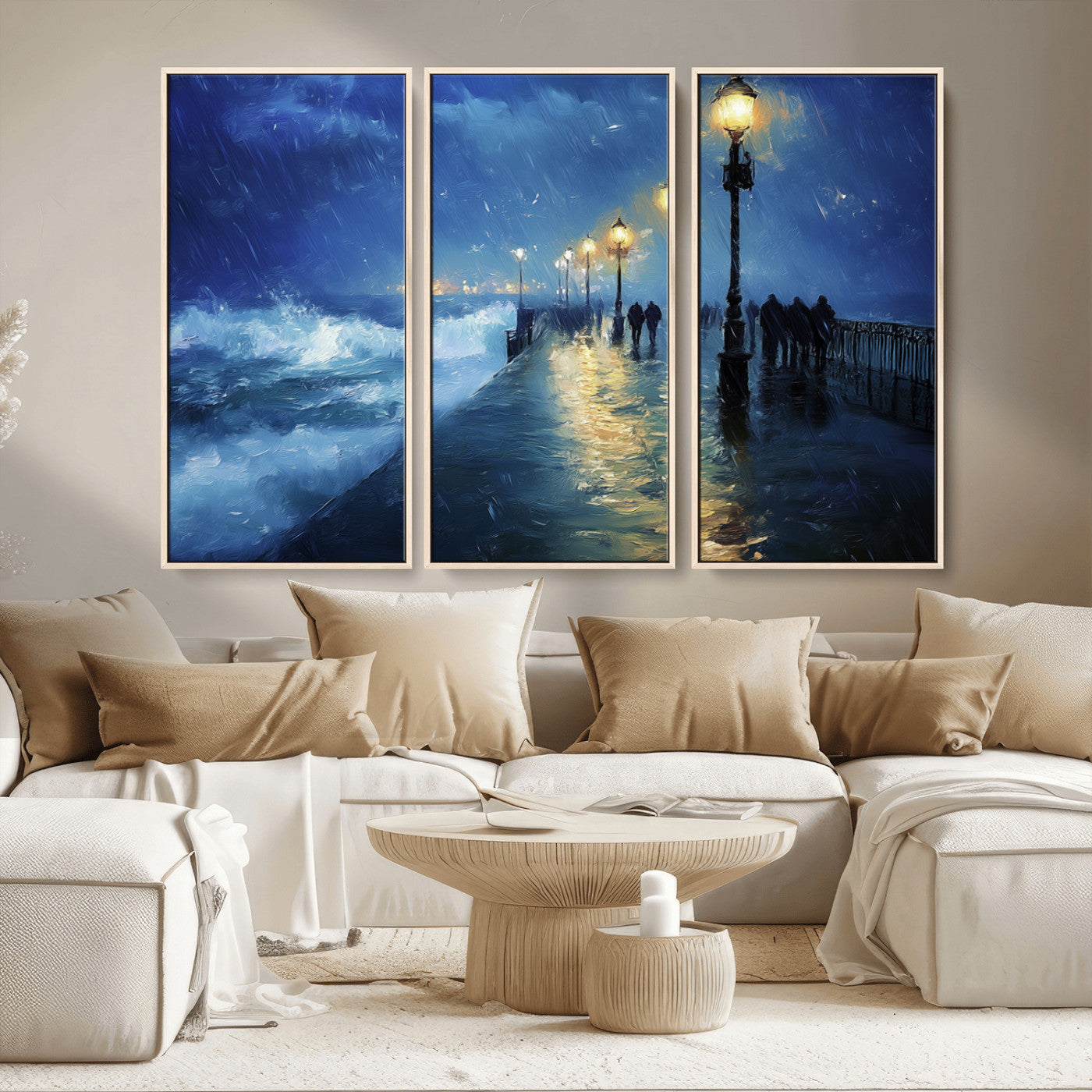 MGV-FC-48X32-3P - Abstract Stormy Ocean Pier Canvas Wall Art Print | Stormy Ocean Art | Large Moody Night Scene Print,