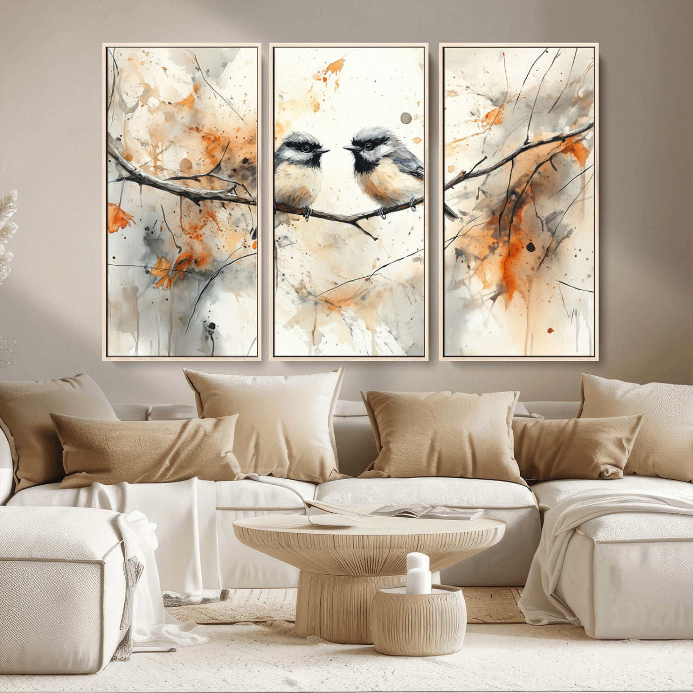 MGV-FC-48X32-3P - Abstract Watercolor Chickadee Bird Canvas Wall Art Print - Large Bird and Branch Wall Art, Modern