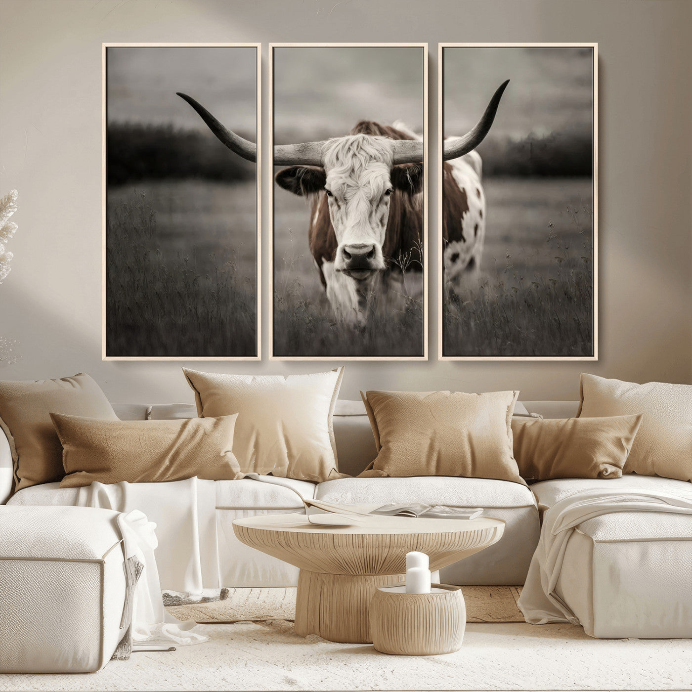 MGV-FC-48X32-3P - Texas Longhorn Cow Canvas Wall Art Print - Large Rustic Longhorn Art for Living Room, Western Wall