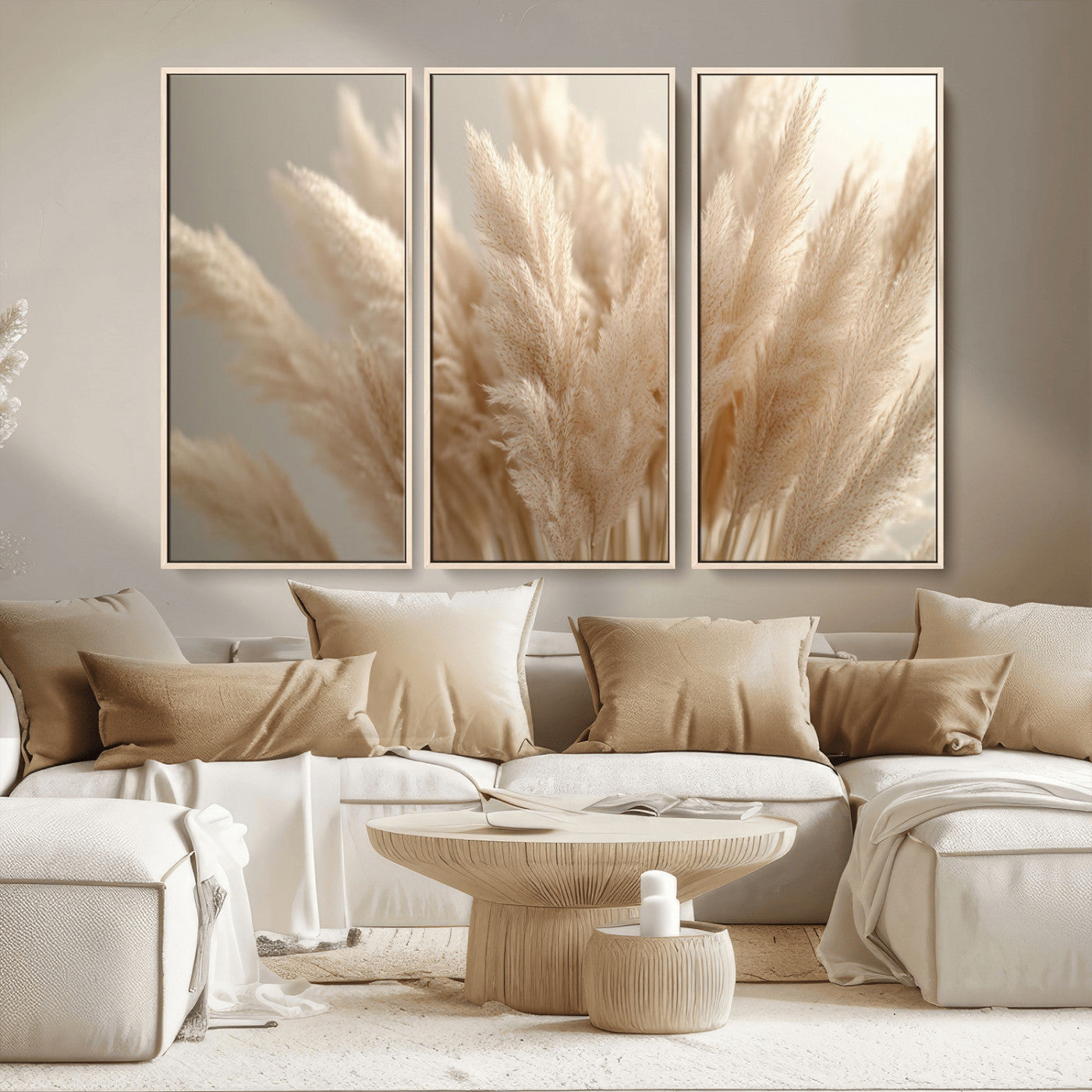 MGV-FC-48X32-3P - Pampas Grass Canvas Wall Art - Elegant Neutral Decor for Living Room, Boho Minimalist Artwork, Ready