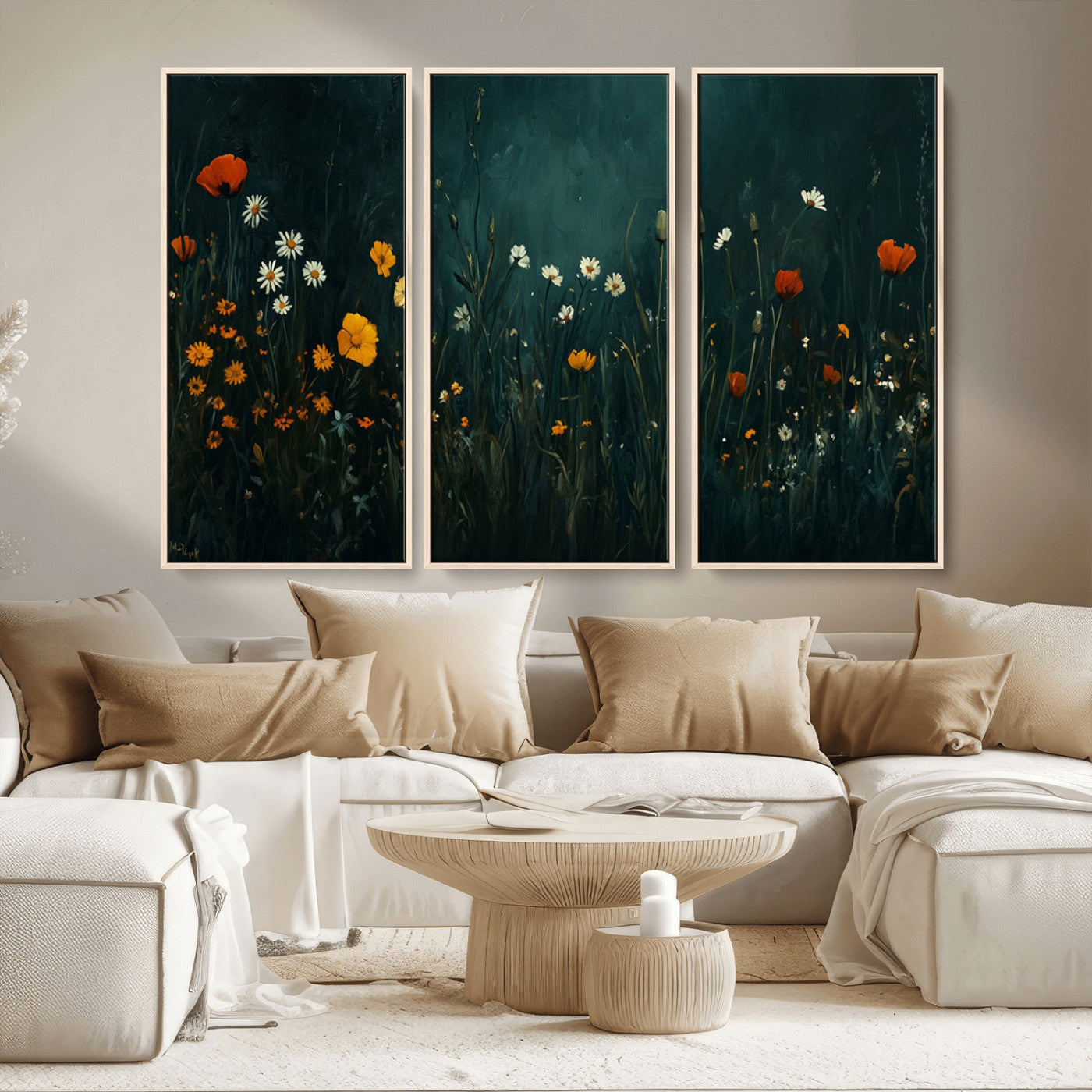 MGV-FC-48X32-3P - Framed Wildflower Field Wall Art, Framed Vintage Botanical Landscape Sign, Floral Decor, Modern